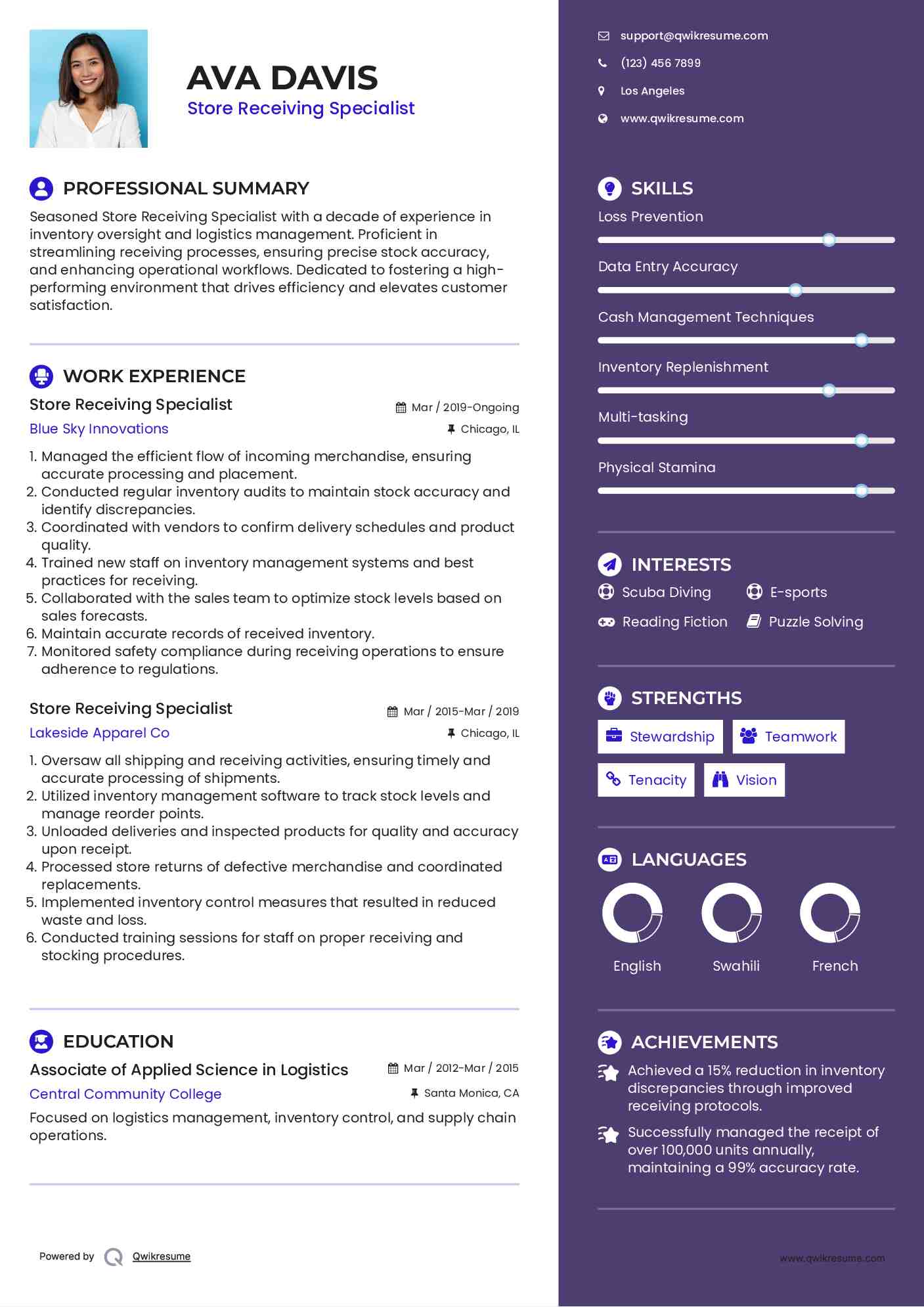 Store Receiving Specialist Resume Example