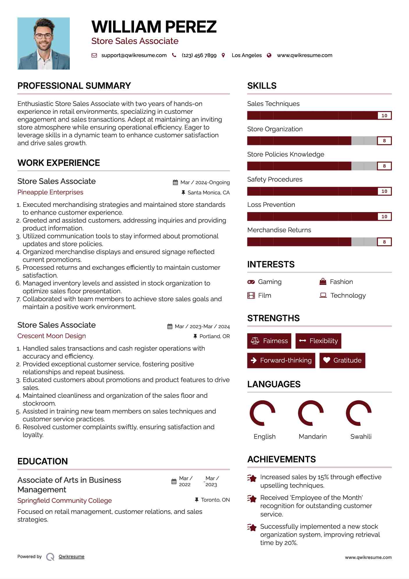 Store Sales Associate Resume Format