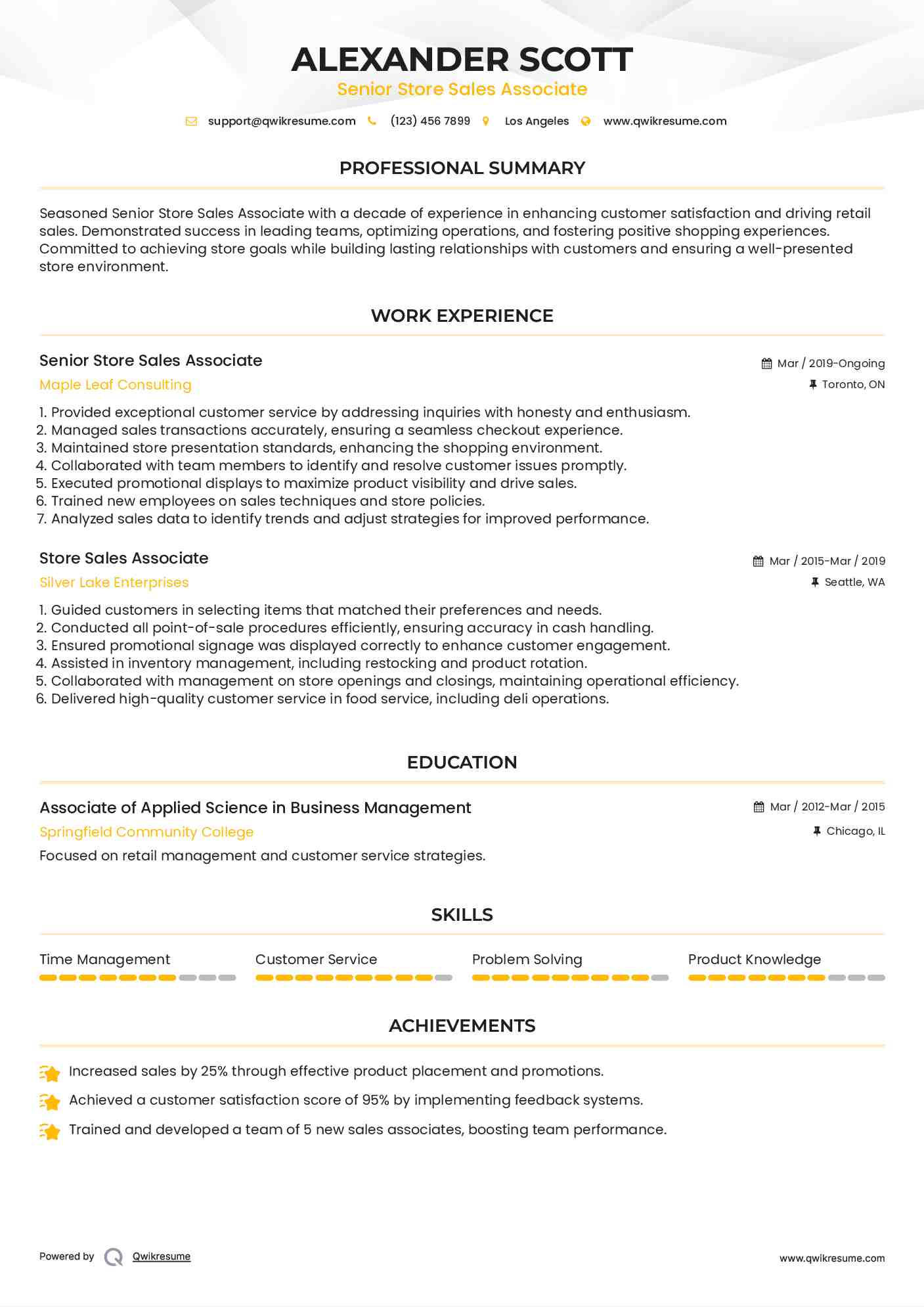 Senior Store Sales Associate Resume Example