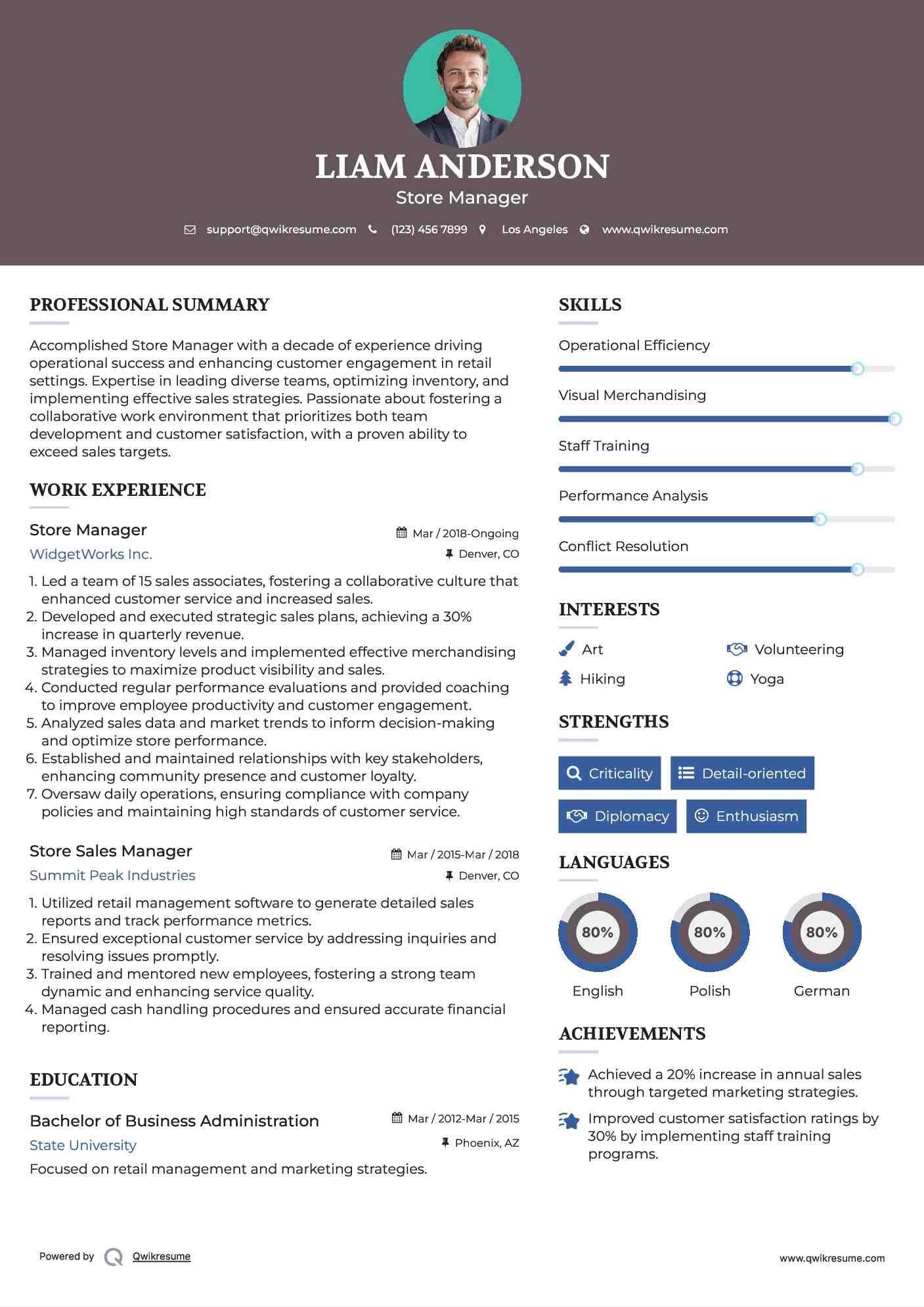 Store Manager Resume Sample