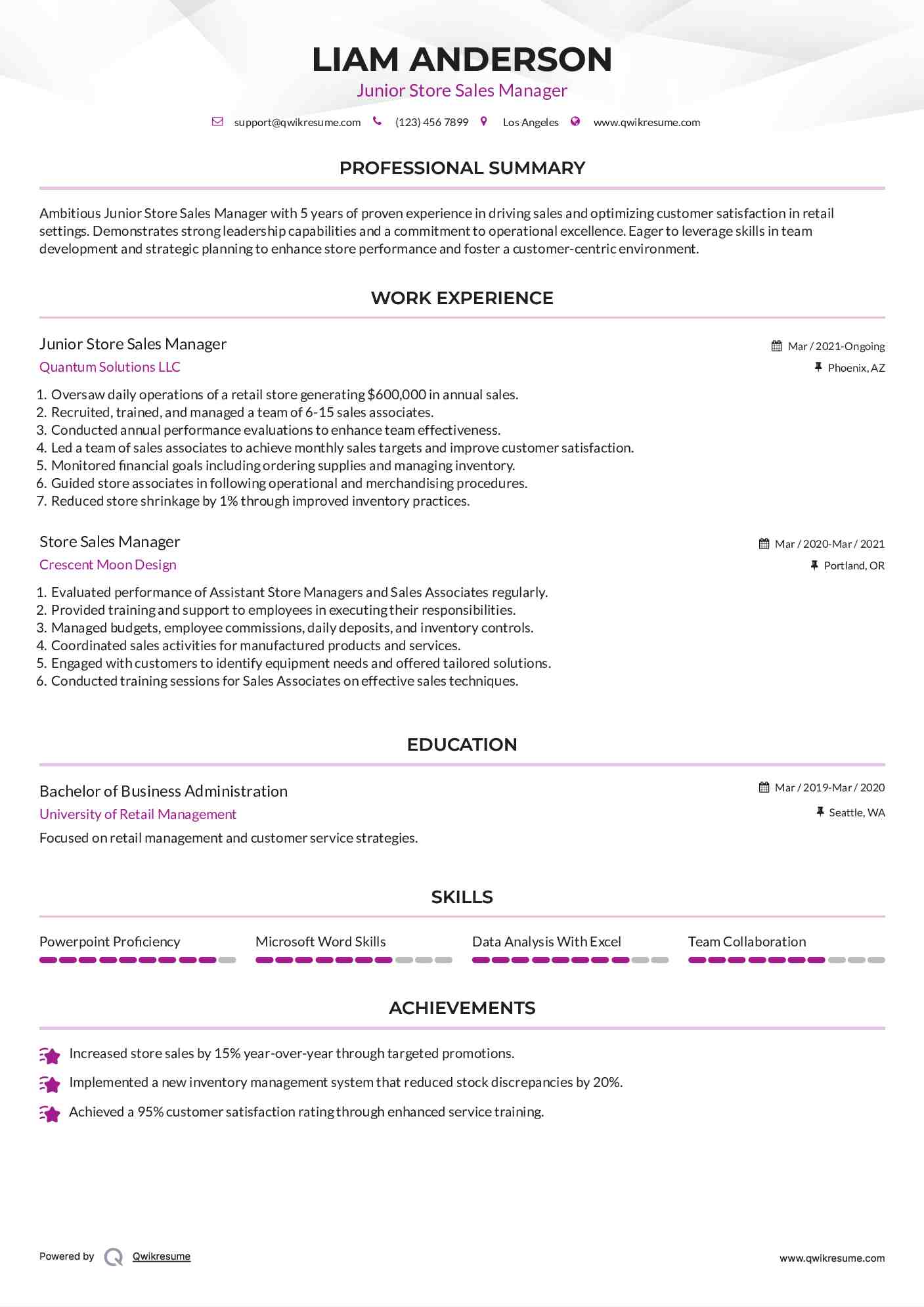Junior Store Sales Manager Resume Example