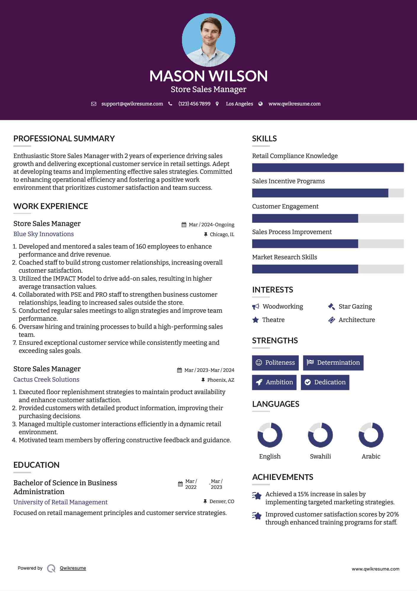 Store Sales Manager Resume Sample