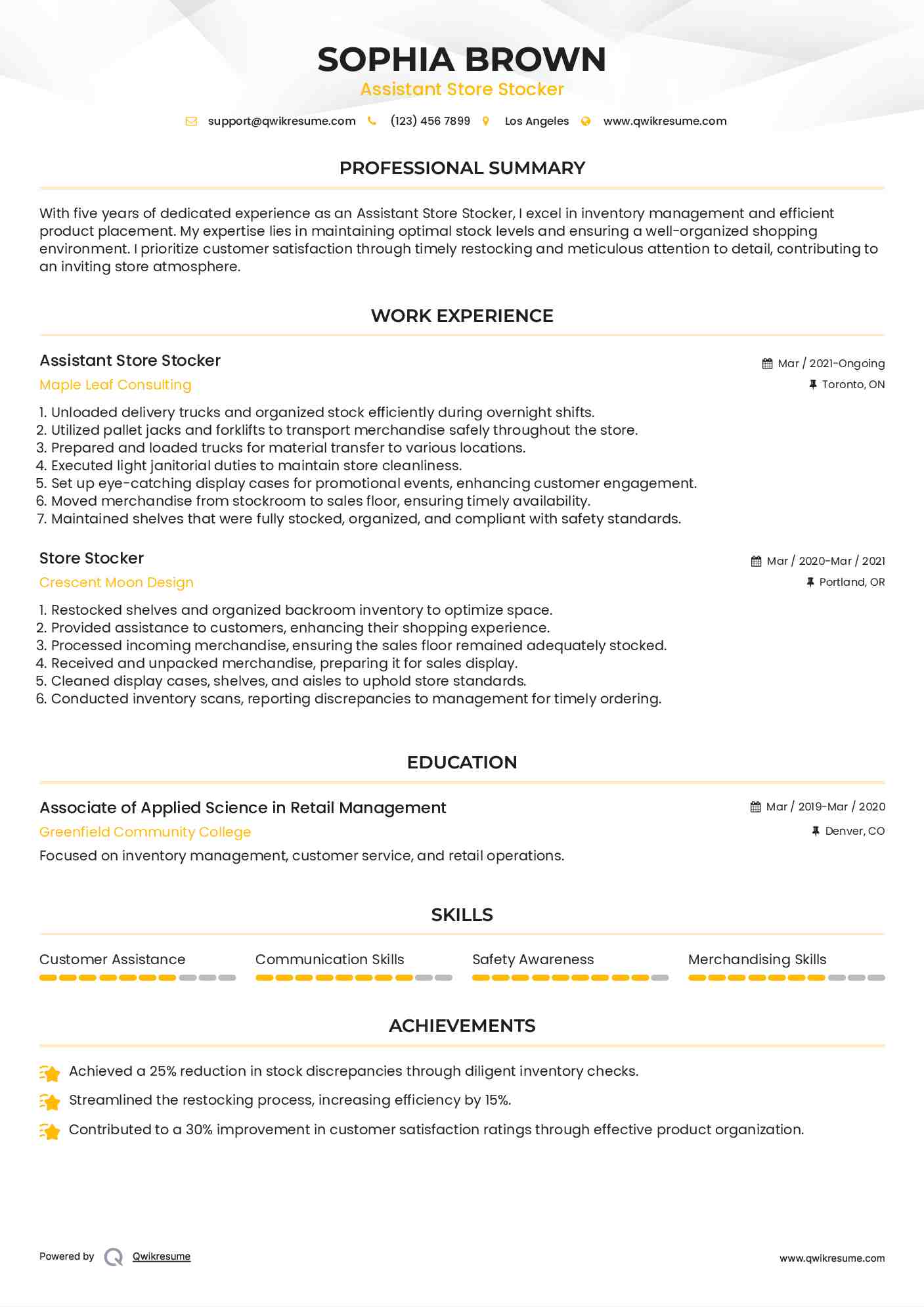 Assistant Store Stocker Resume Example