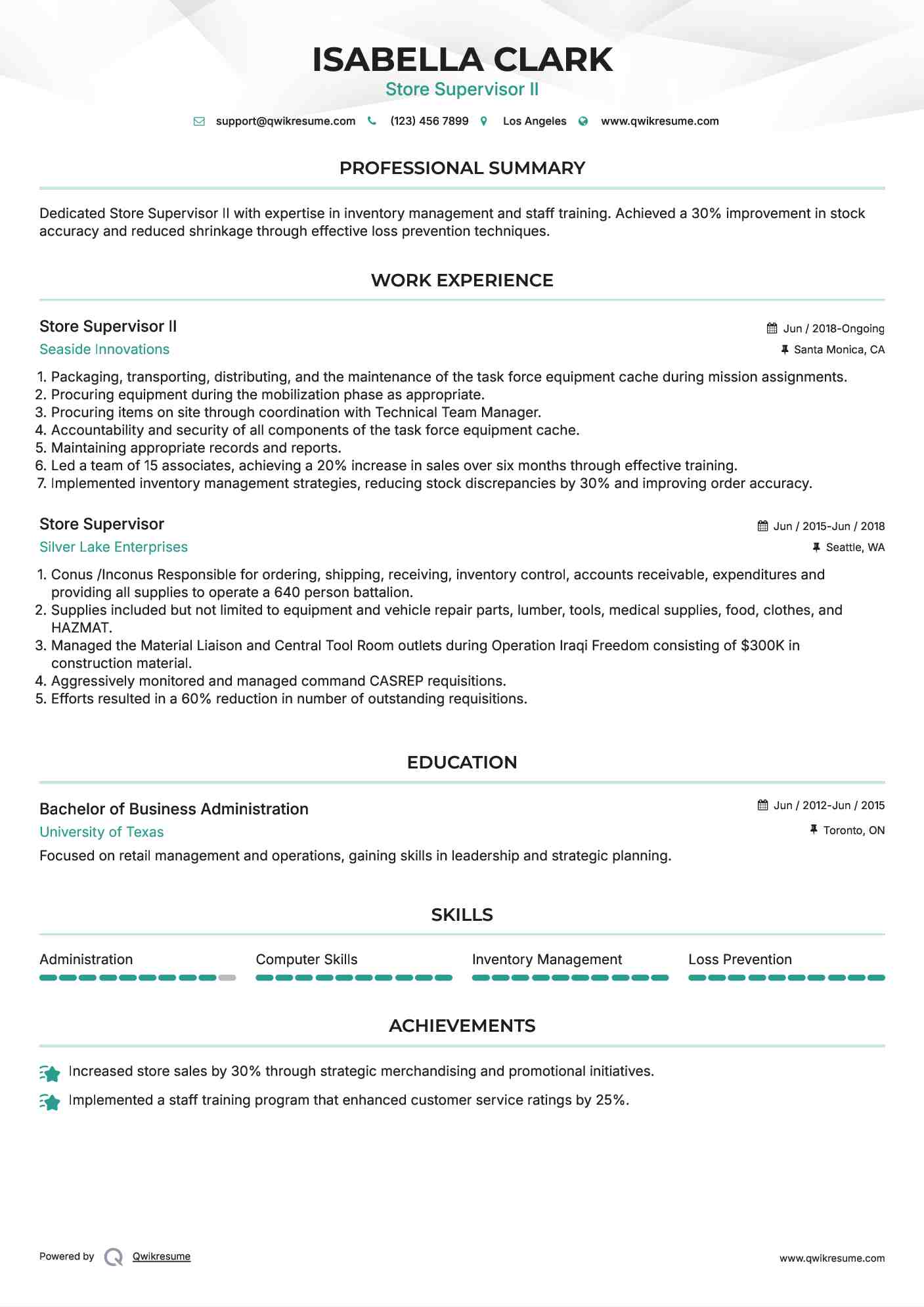 Store Supervisor II Resume Example