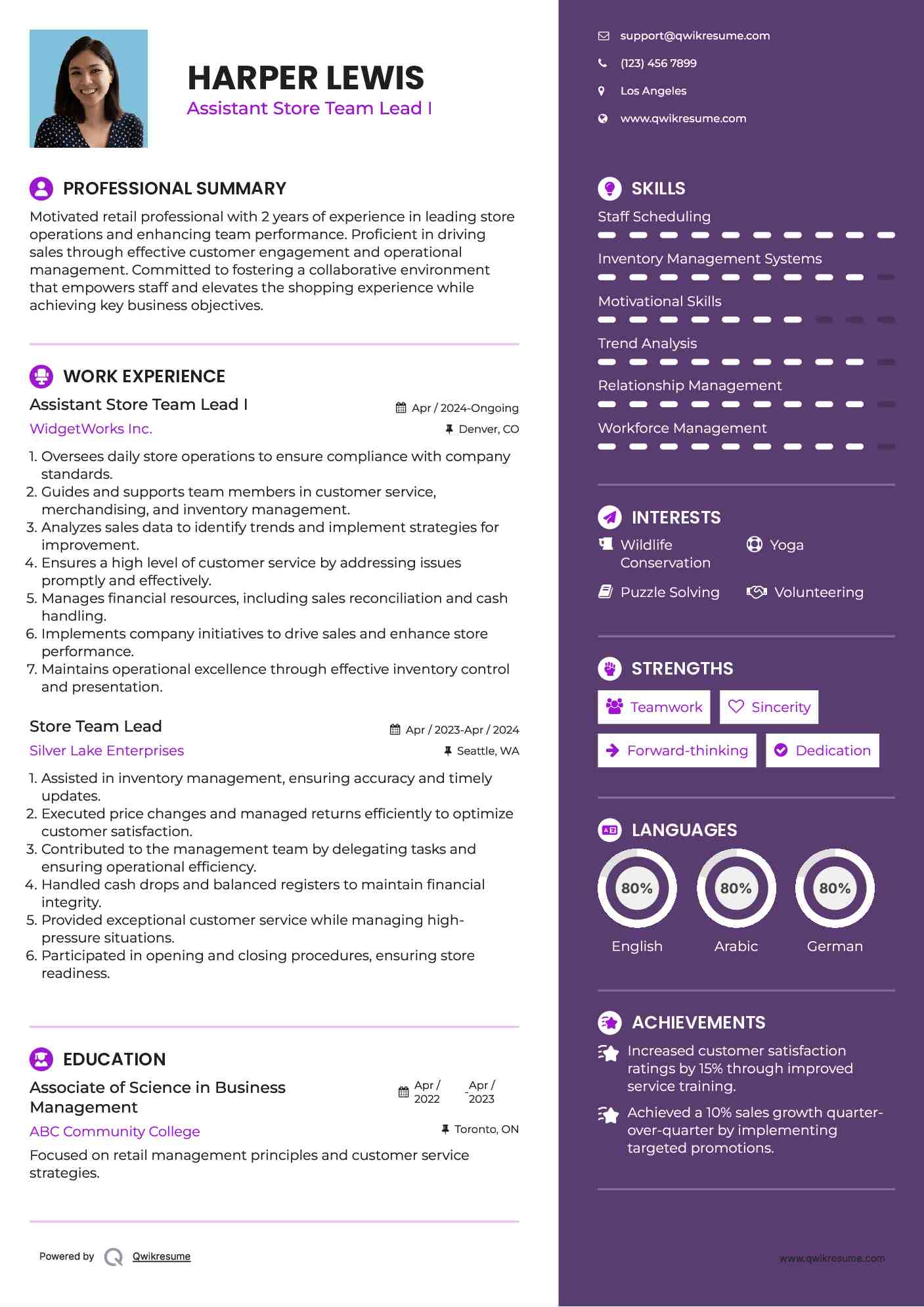 Assistant Store Team Lead I Resume Format