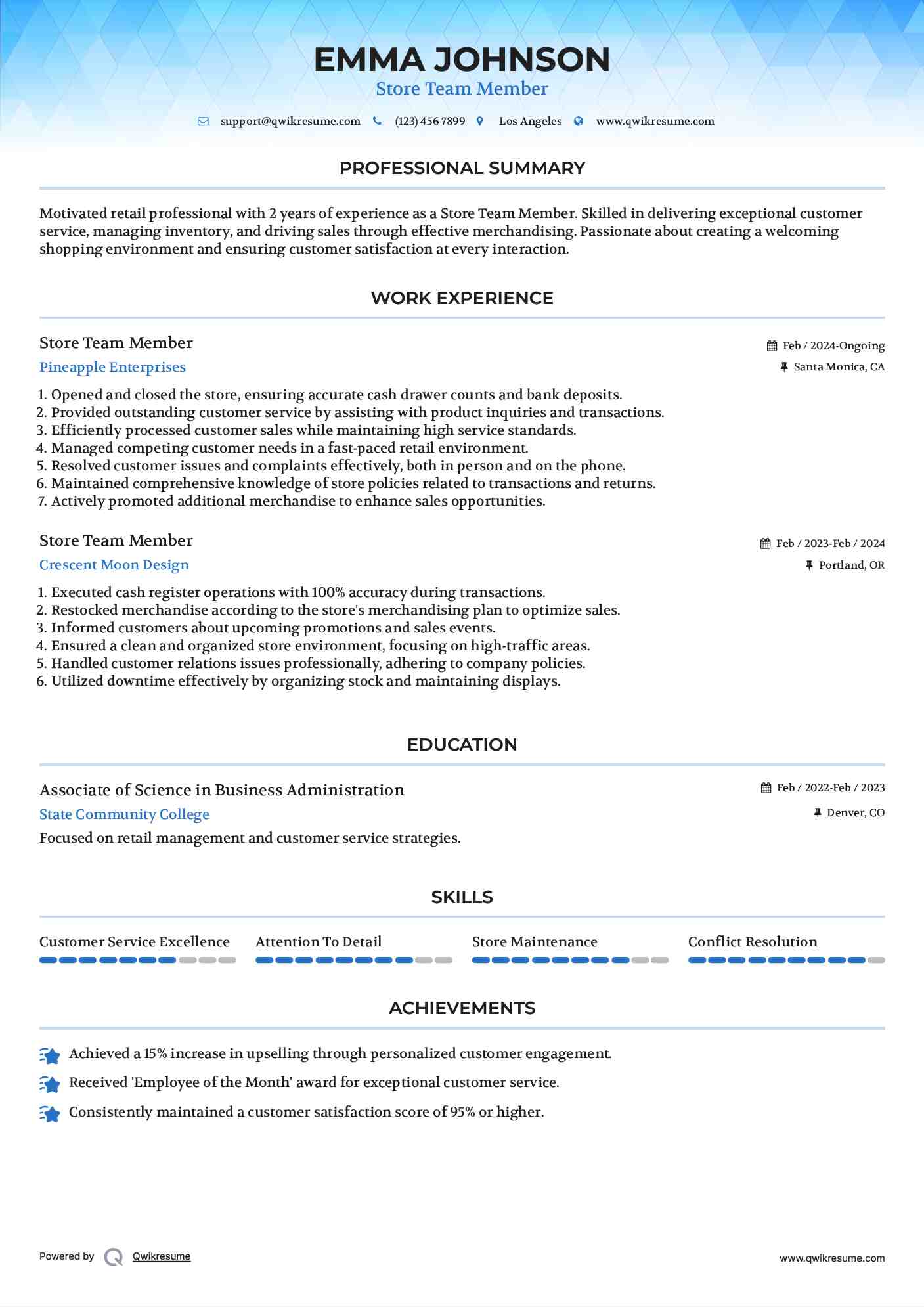 Store Team Member Resume Example