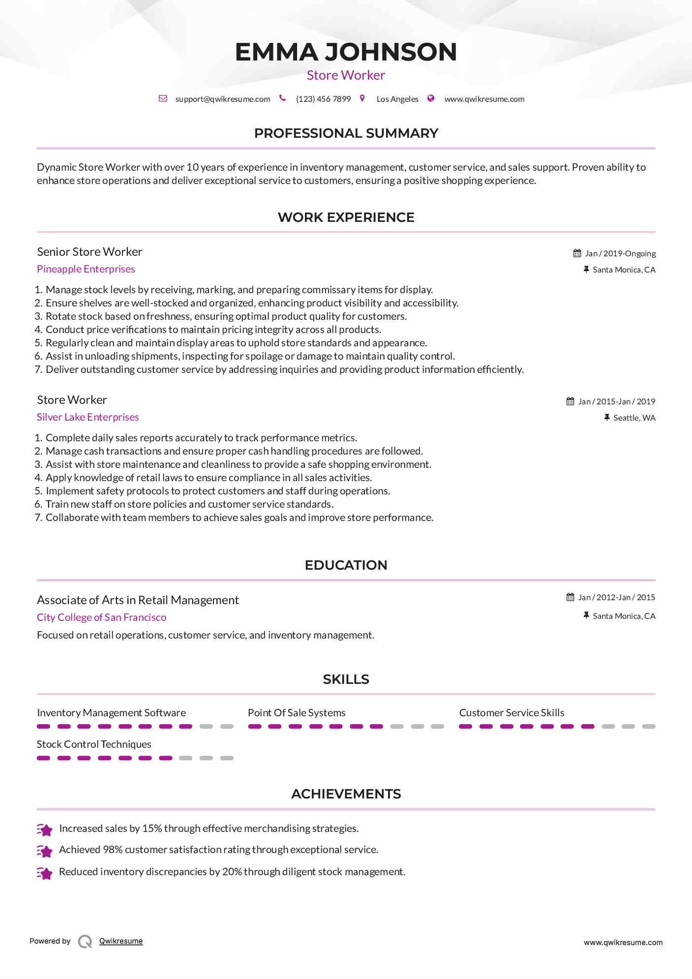 Senior Store Worker Resume Example
