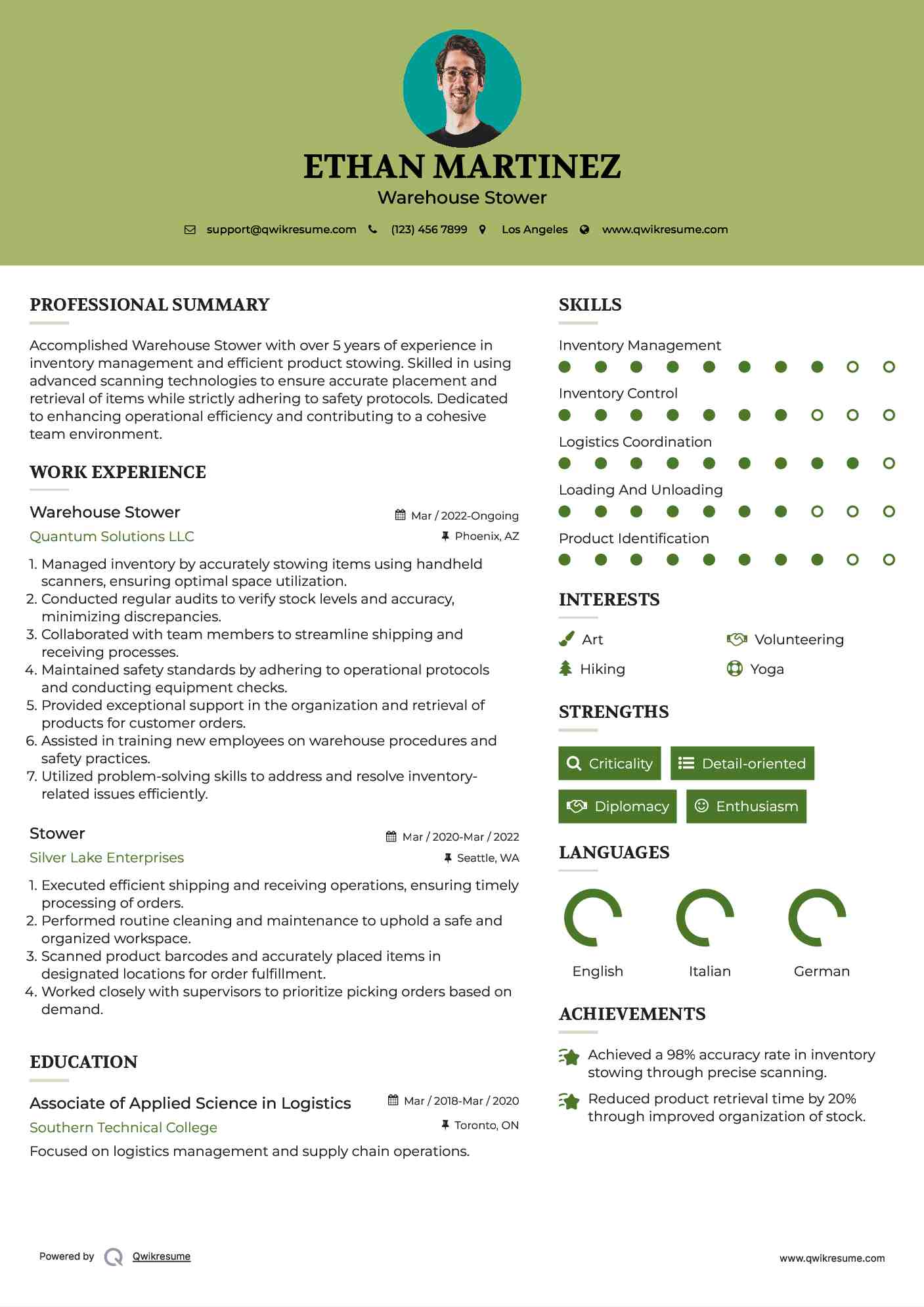Warehouse Stower Resume Model