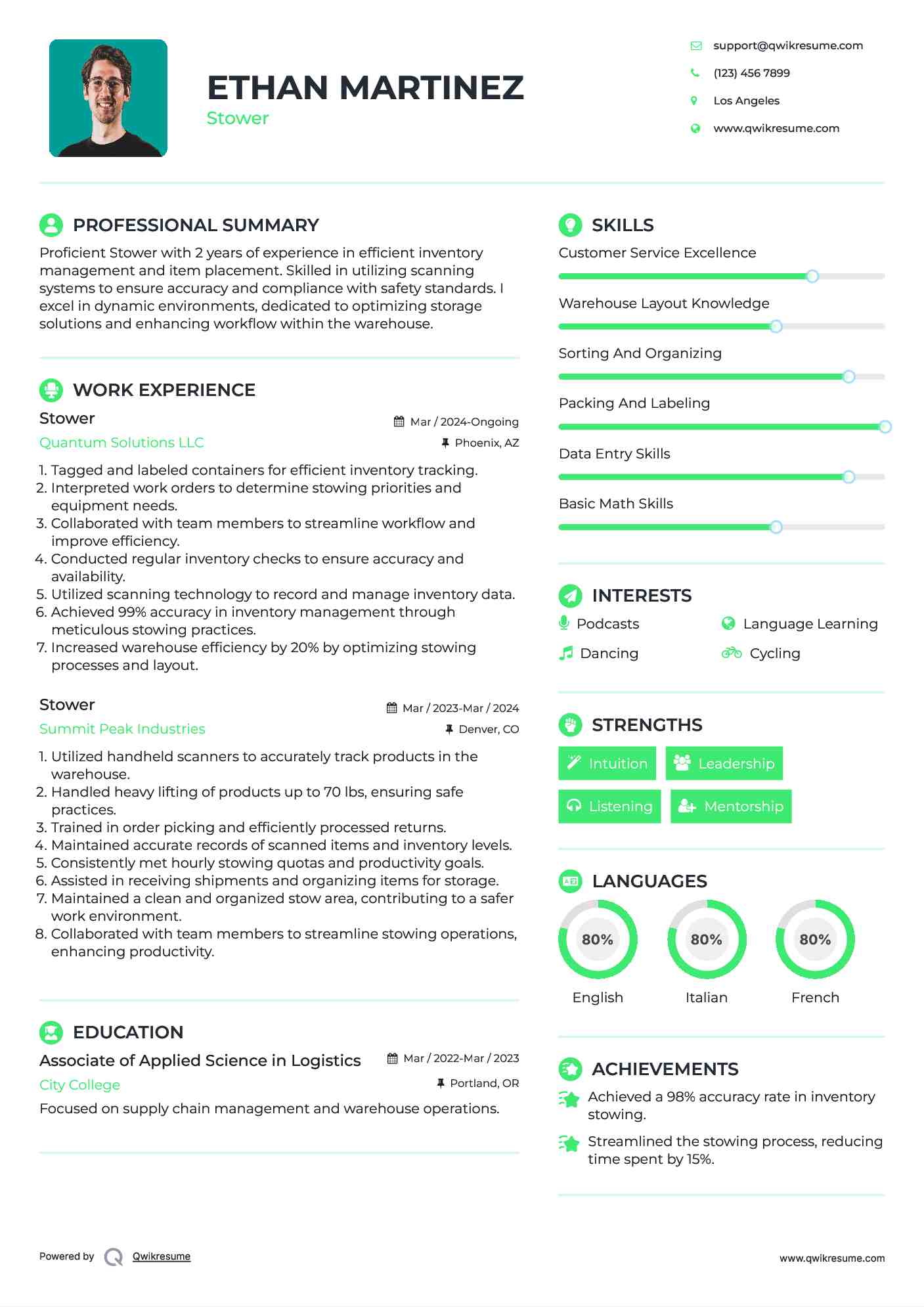 Stower Resume Samples QwikResume