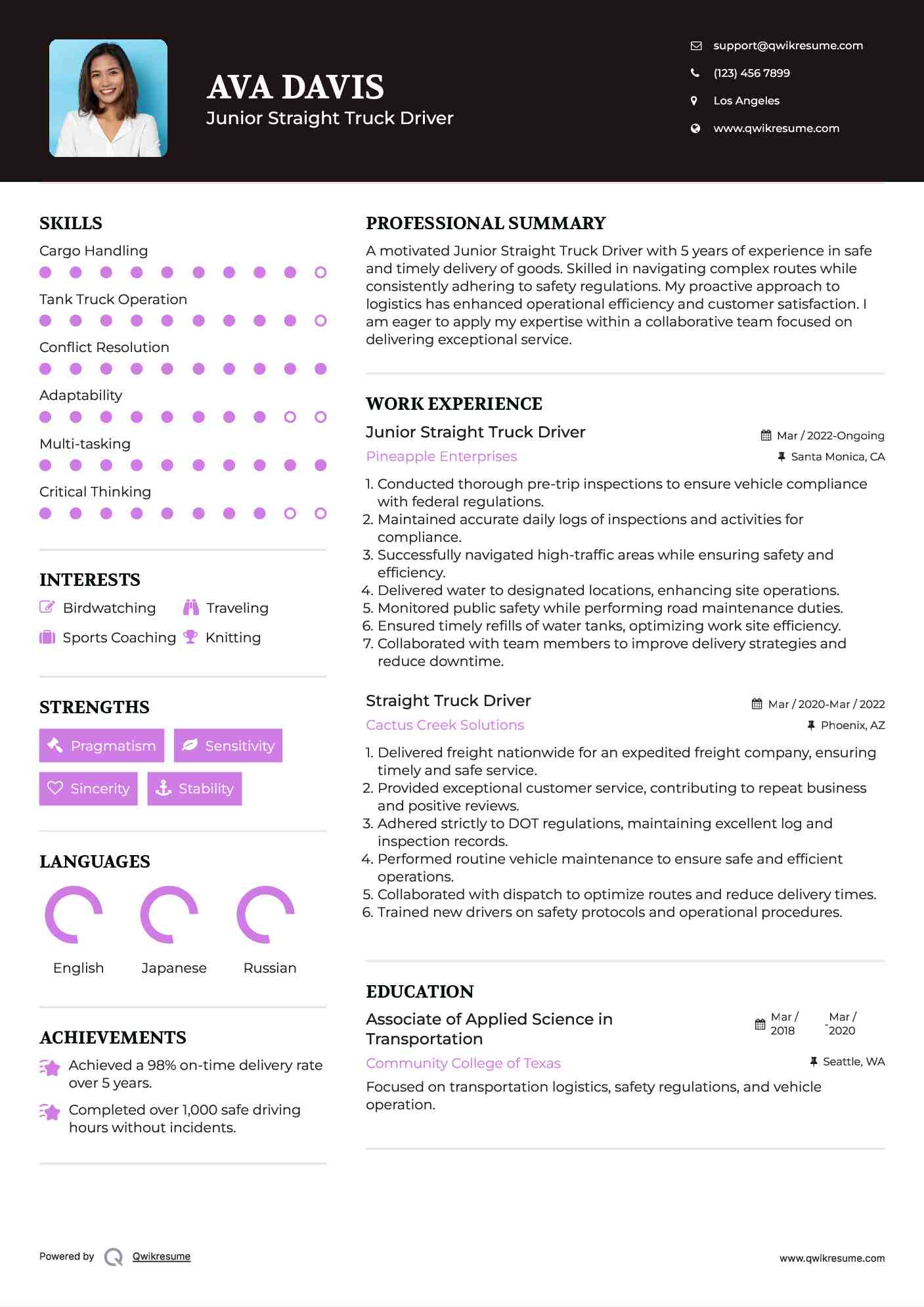 Junior Straight Truck Driver Resume Example