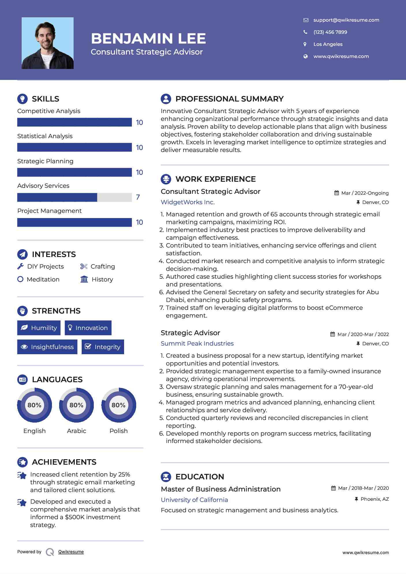 Consultant Strategic Advisor Resume Model