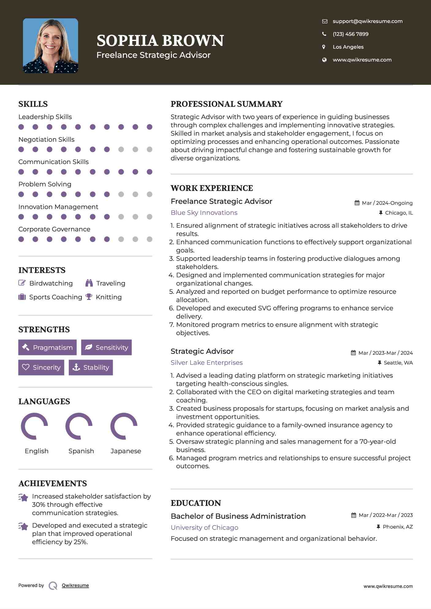 Freelance Strategic Advisor Resume Sample