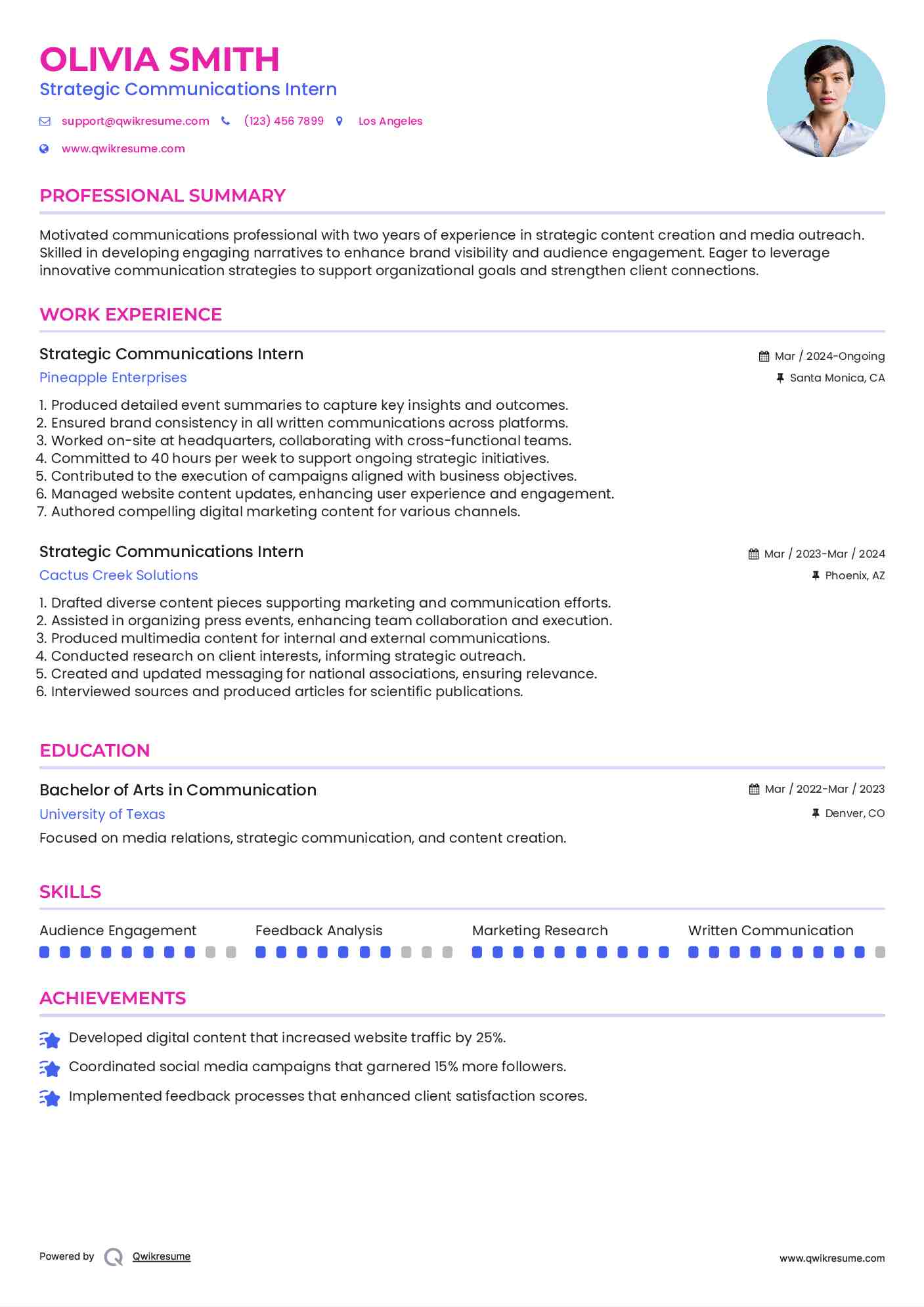 Strategic Communications Intern Resume Template