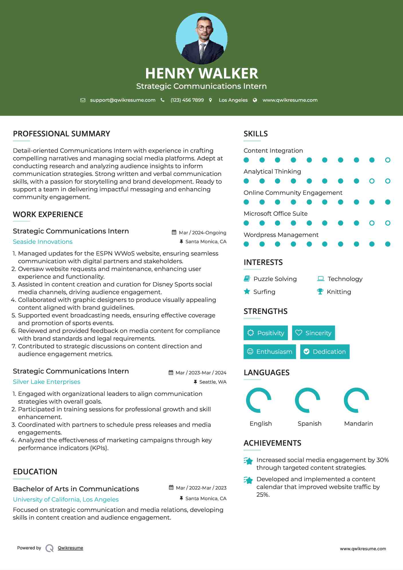 Strategic Communications Intern Resume Sample