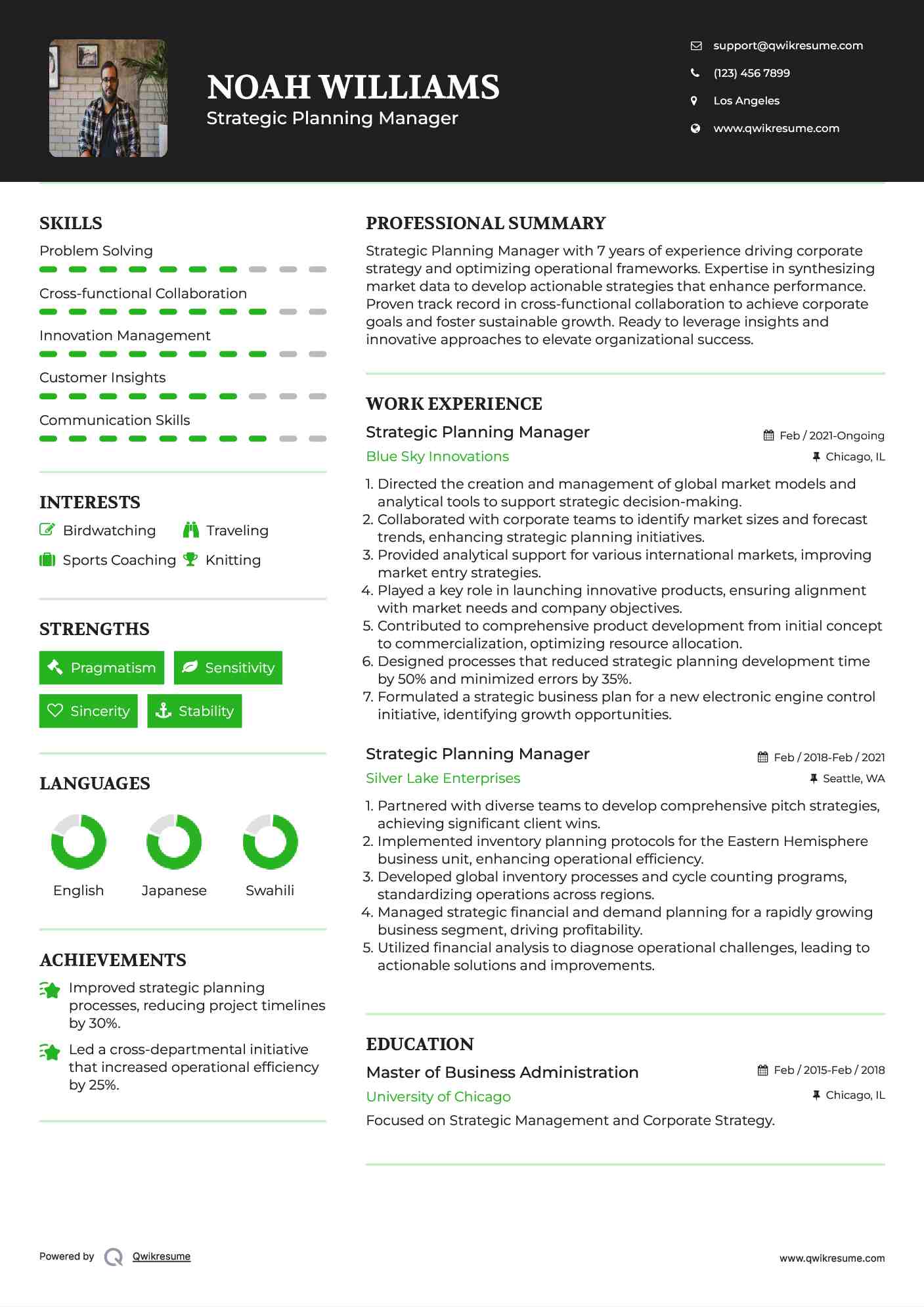 Strategic Planning Manager Resume Example