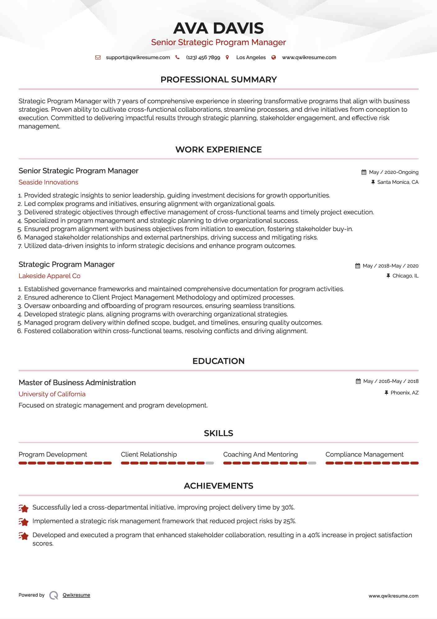 Senior Strategic Program Manager Resume Example