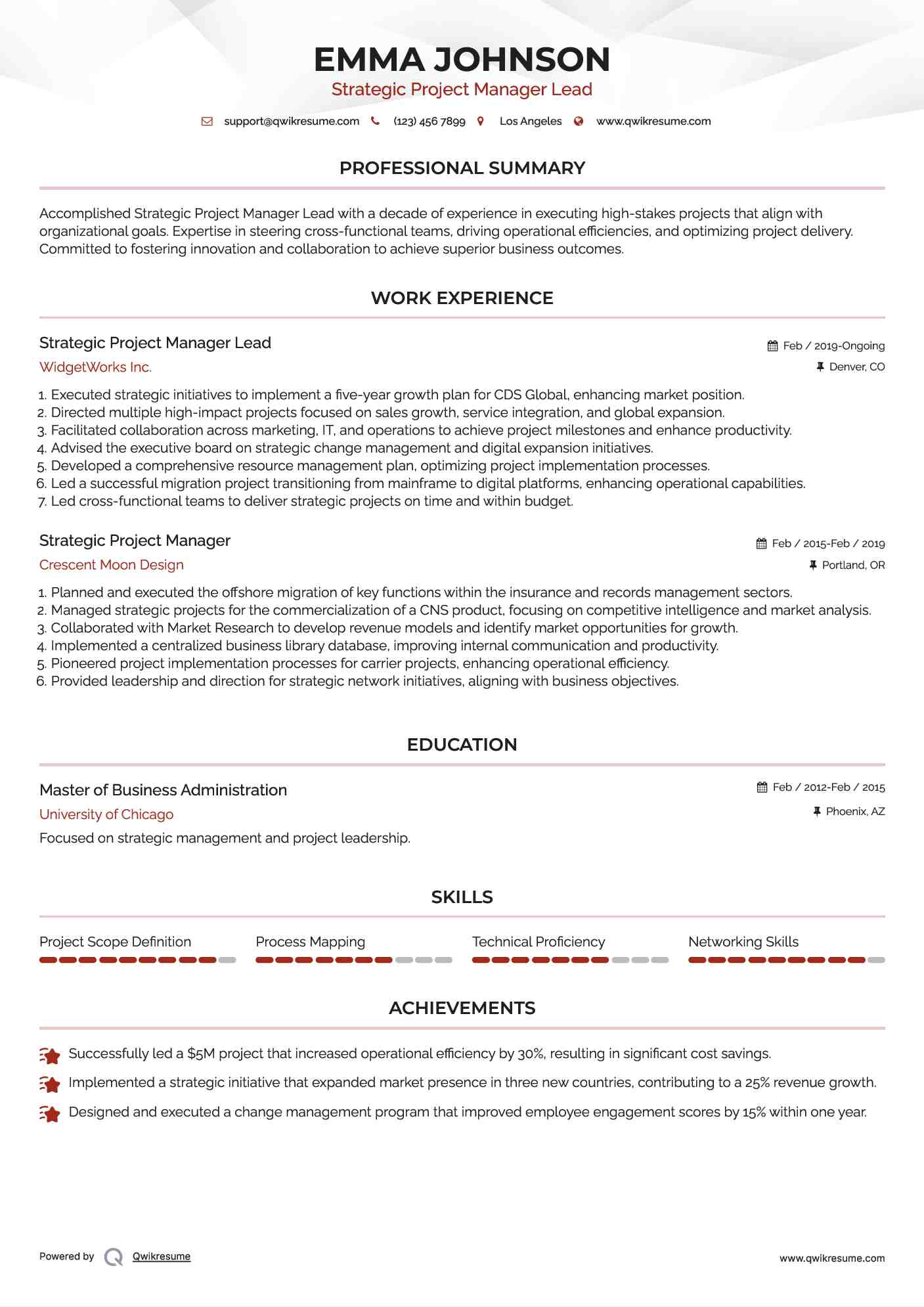 Strategic Project Manager Lead Resume Sample