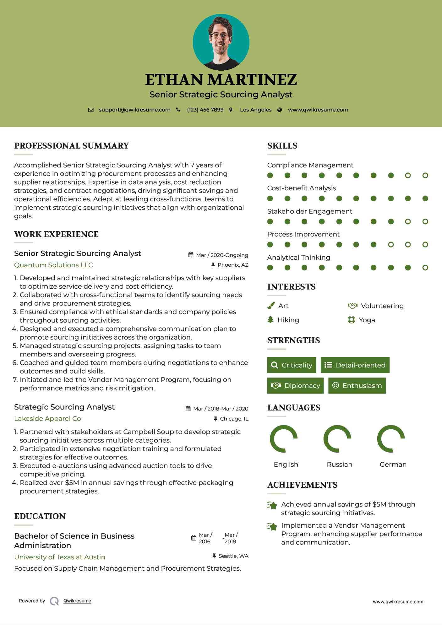 Senior Strategic Sourcing Analyst Resume Model