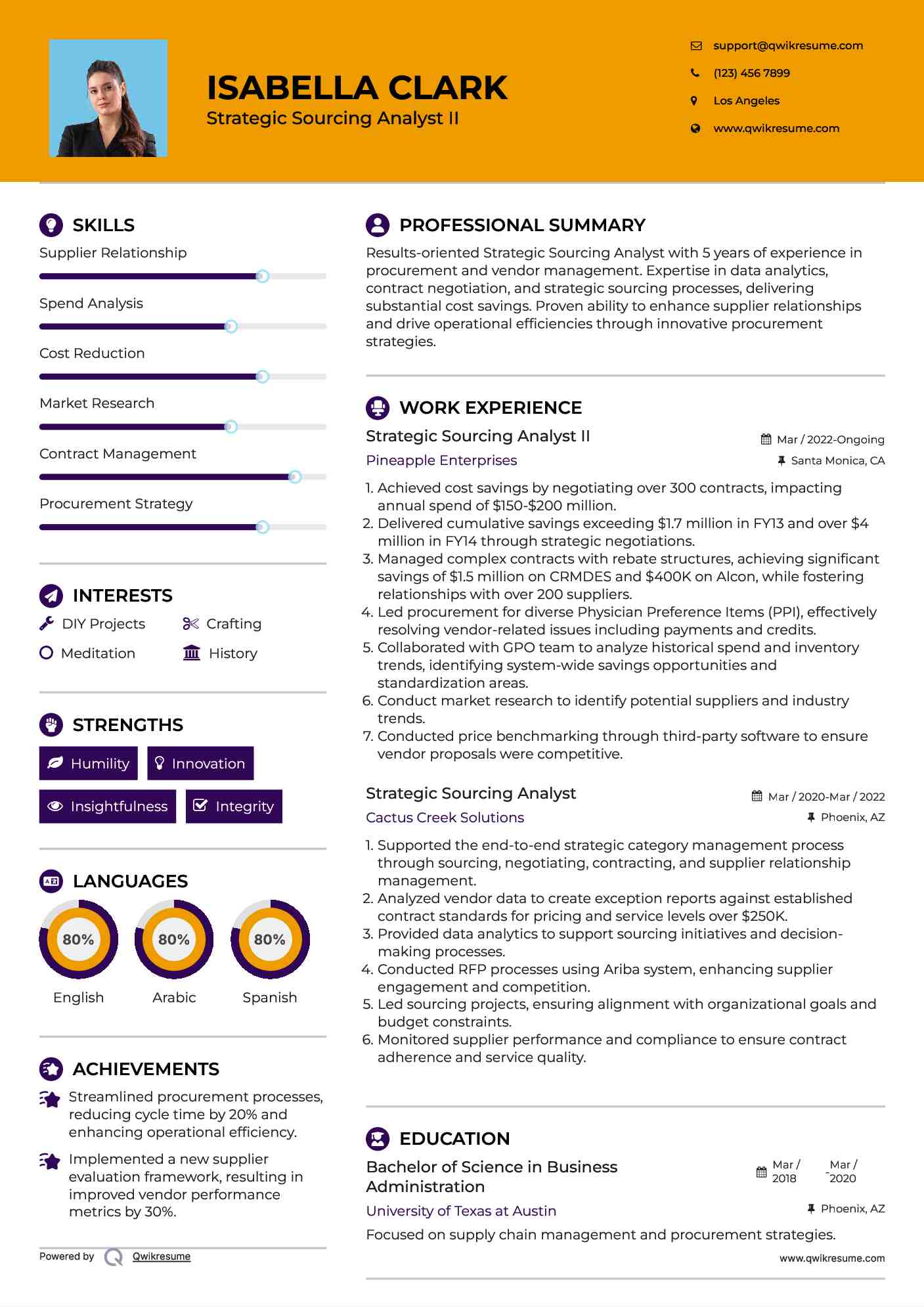 Strategic Sourcing Analyst II Resume Format