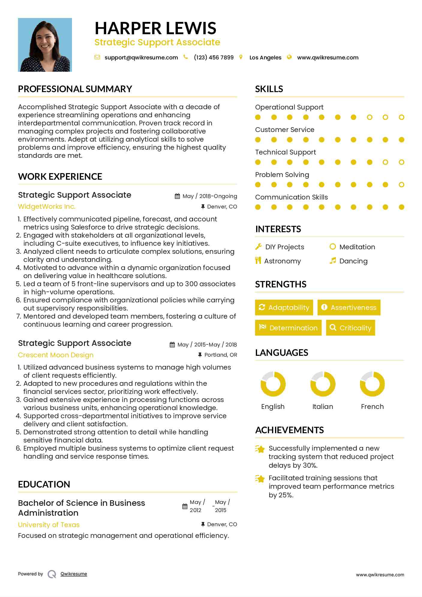 Strategic Support Associate Resume Sample