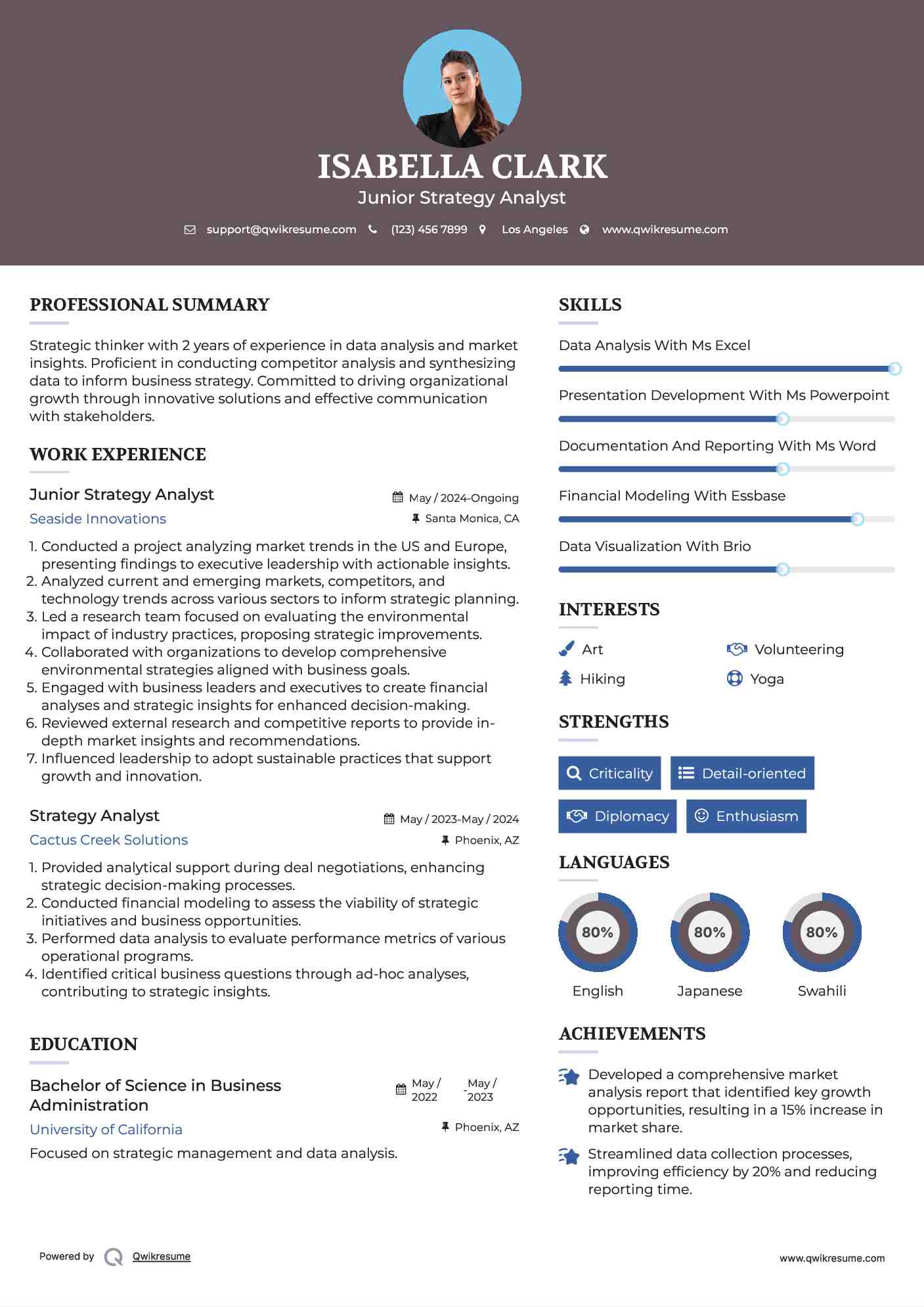 Junior Strategy Analyst Resume Example