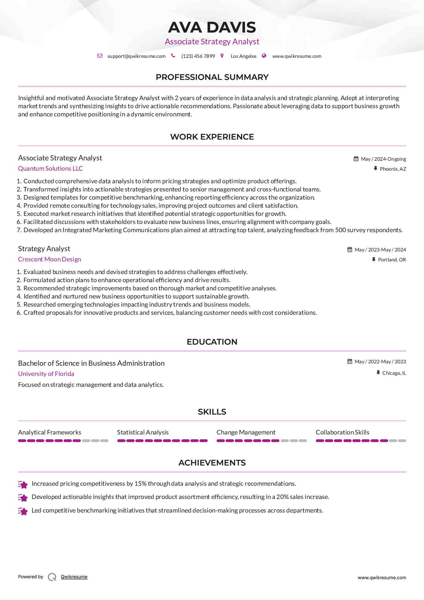Associate Strategy Analyst Resume Example