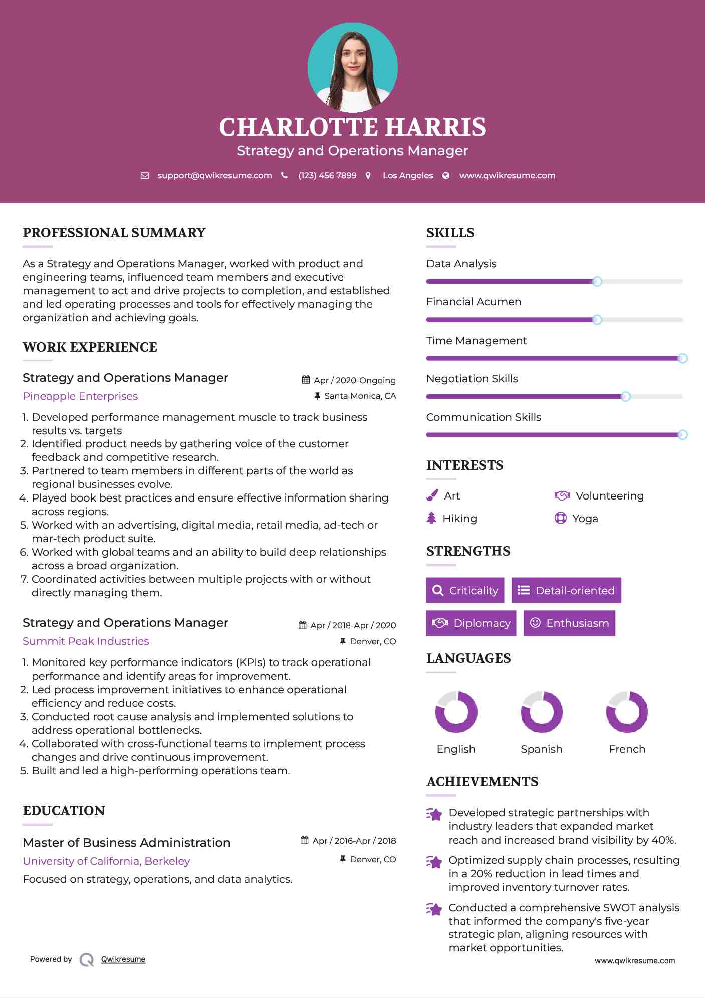 Strategy and Operations Manager Resume Format
