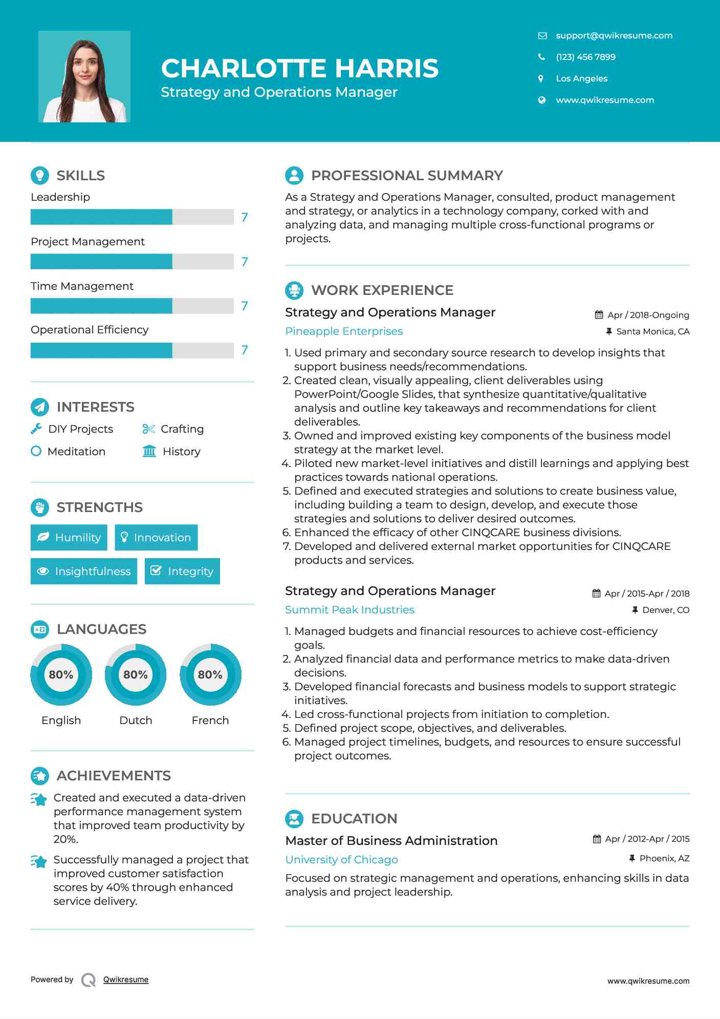 Strategy and Operations Manager Resume Example