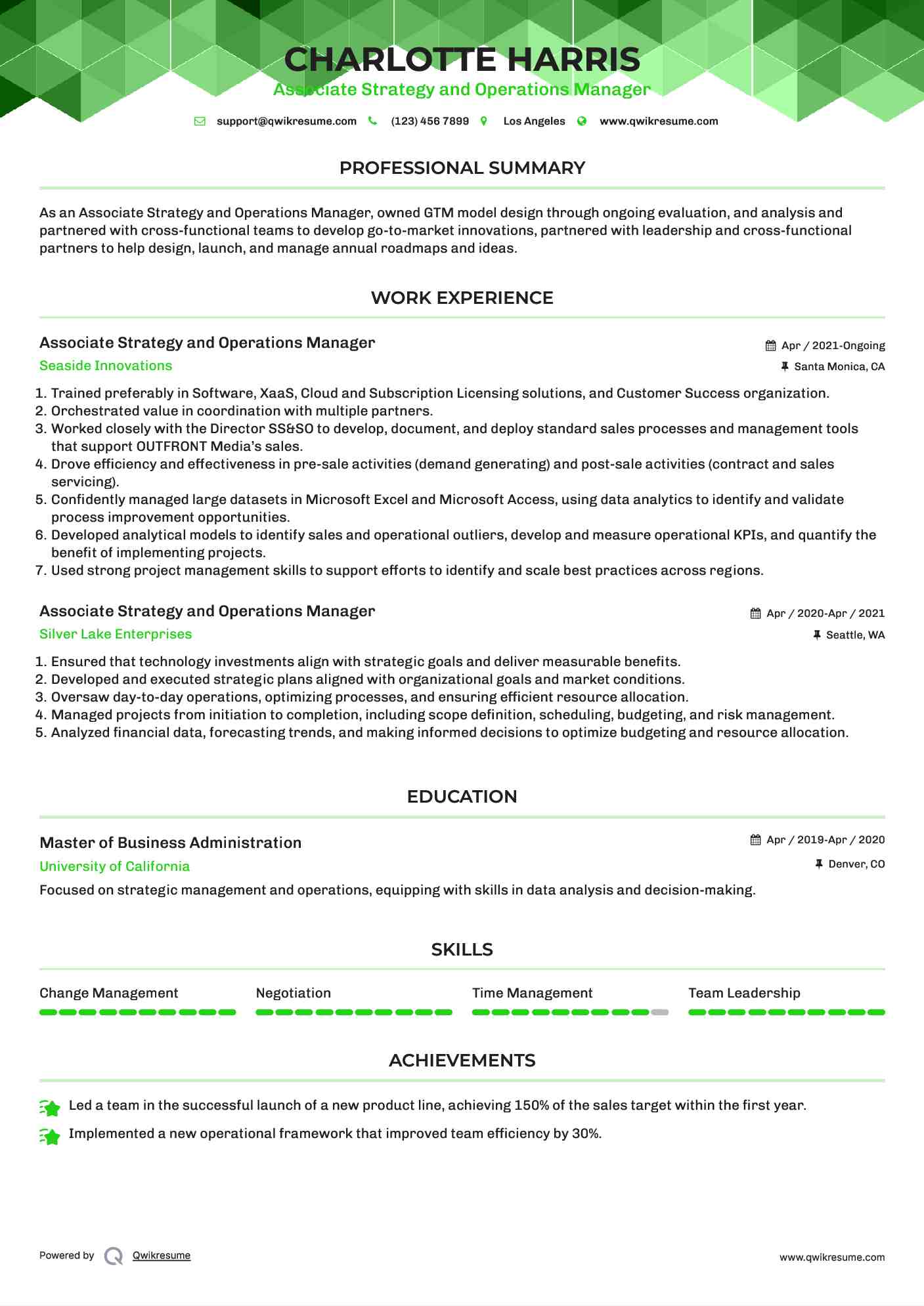 Associate Strategy and Operations Manager Resume Template