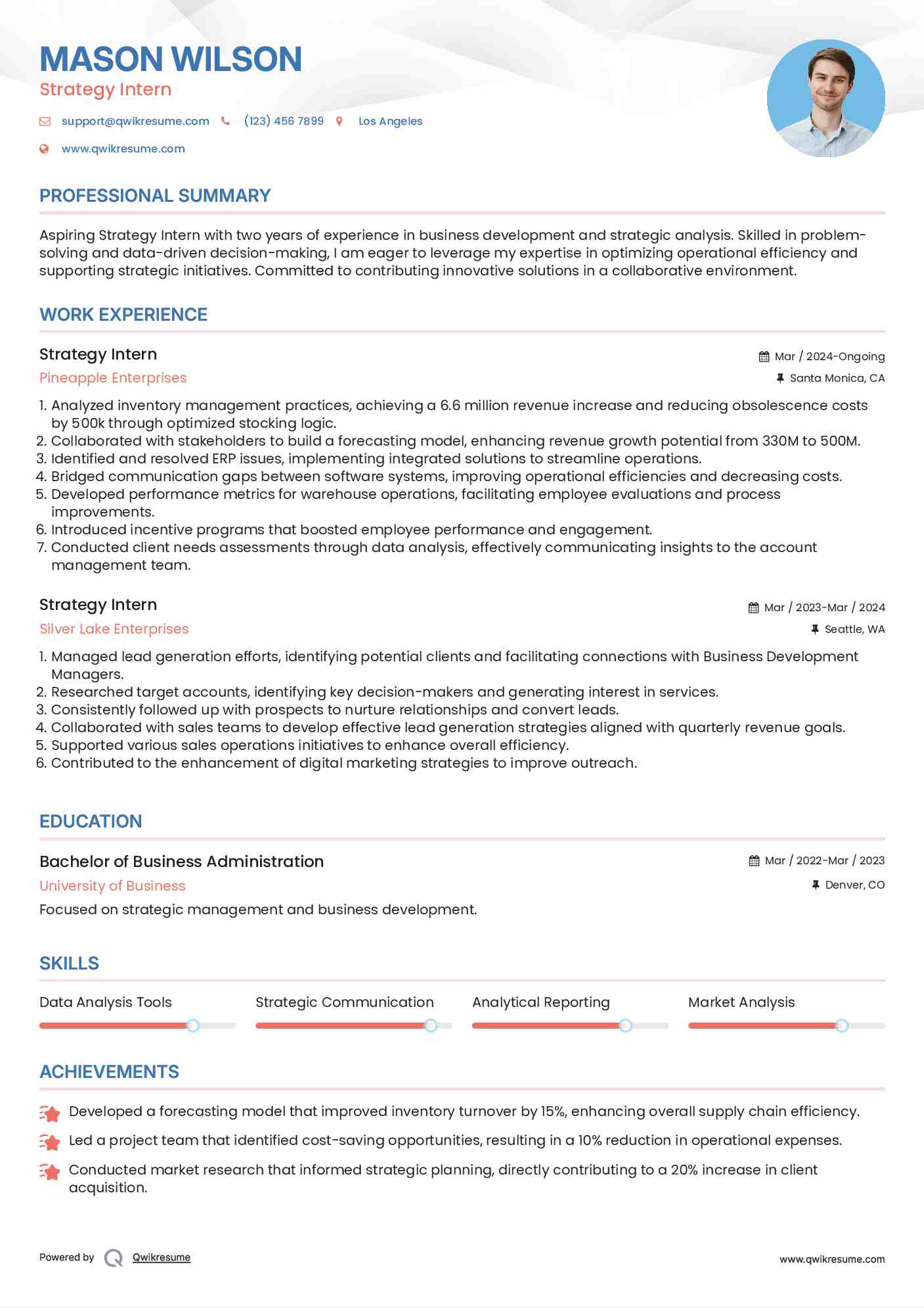 Strategy Intern Resume Example