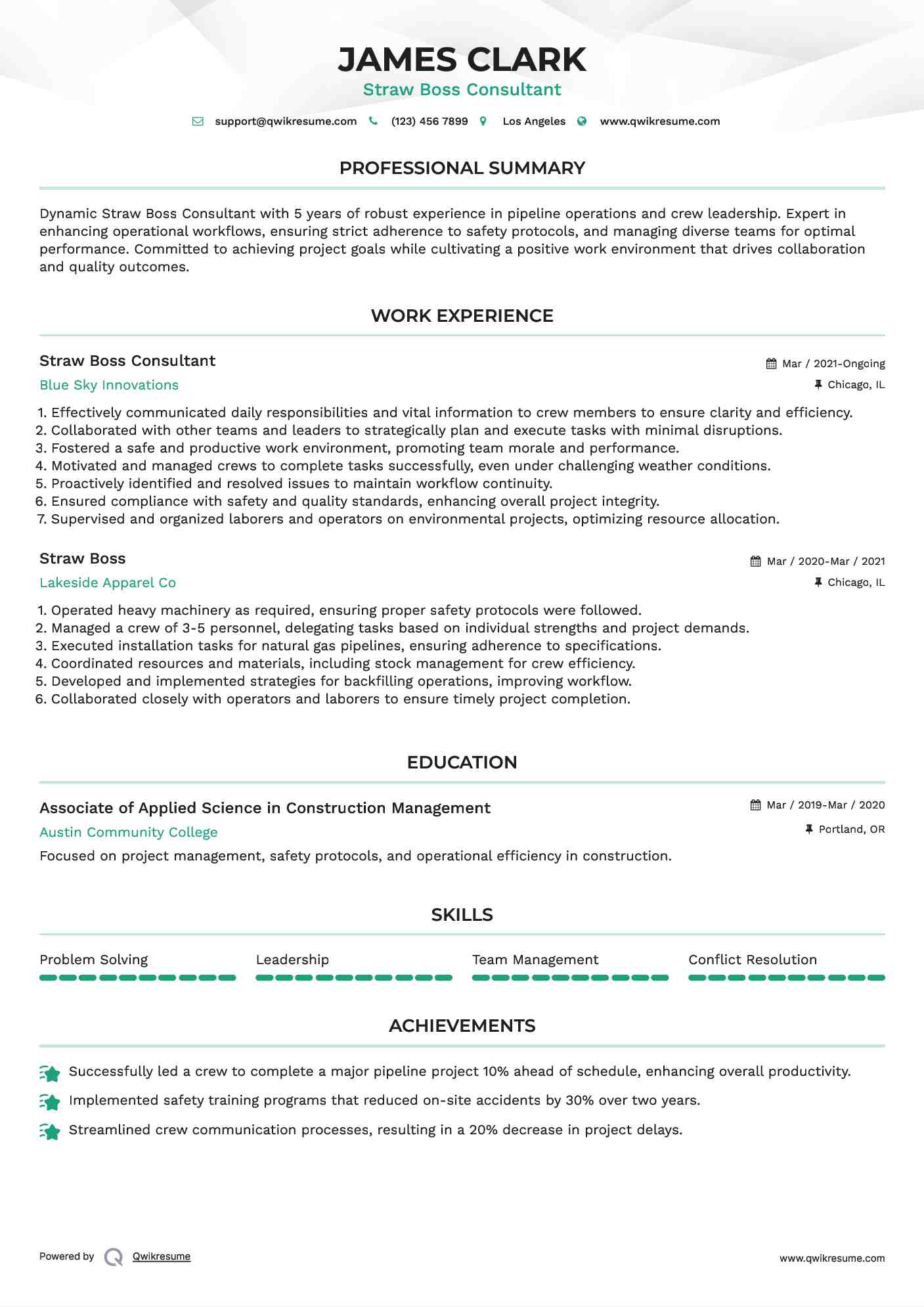 Straw Boss Consultant Resume Template