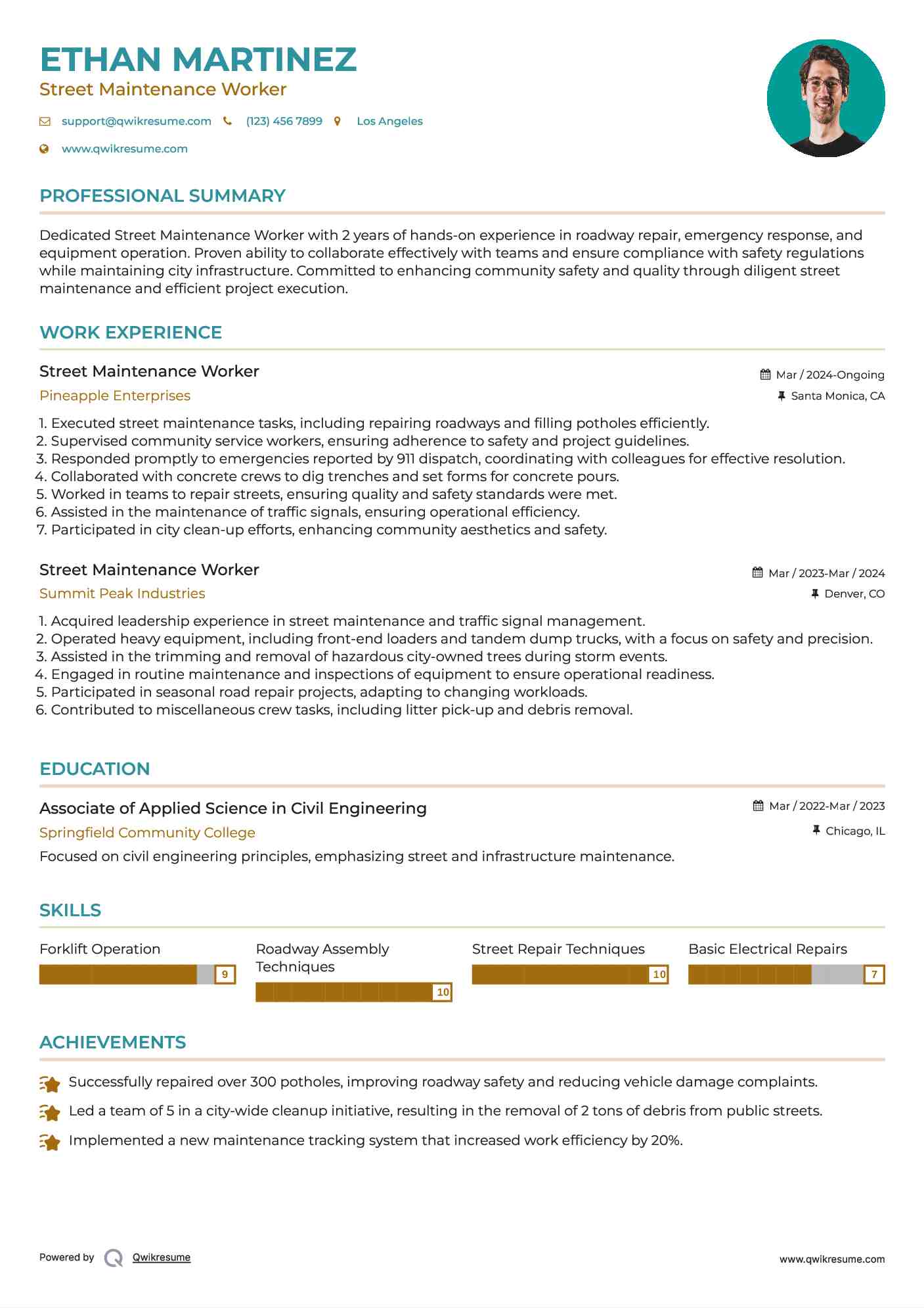 Street Maintenance Worker Resume Sample