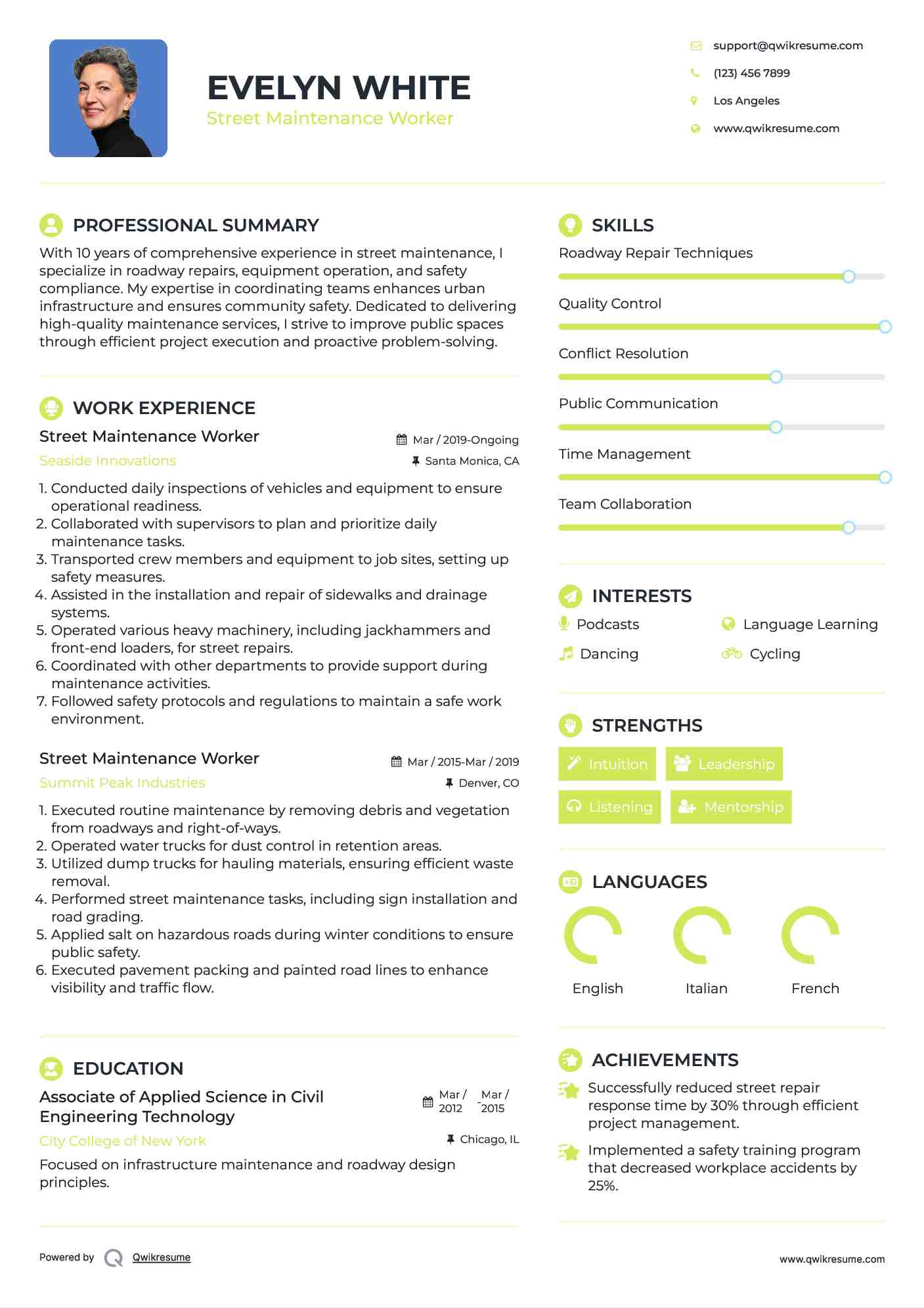 Street Maintenance Worker Resume Example