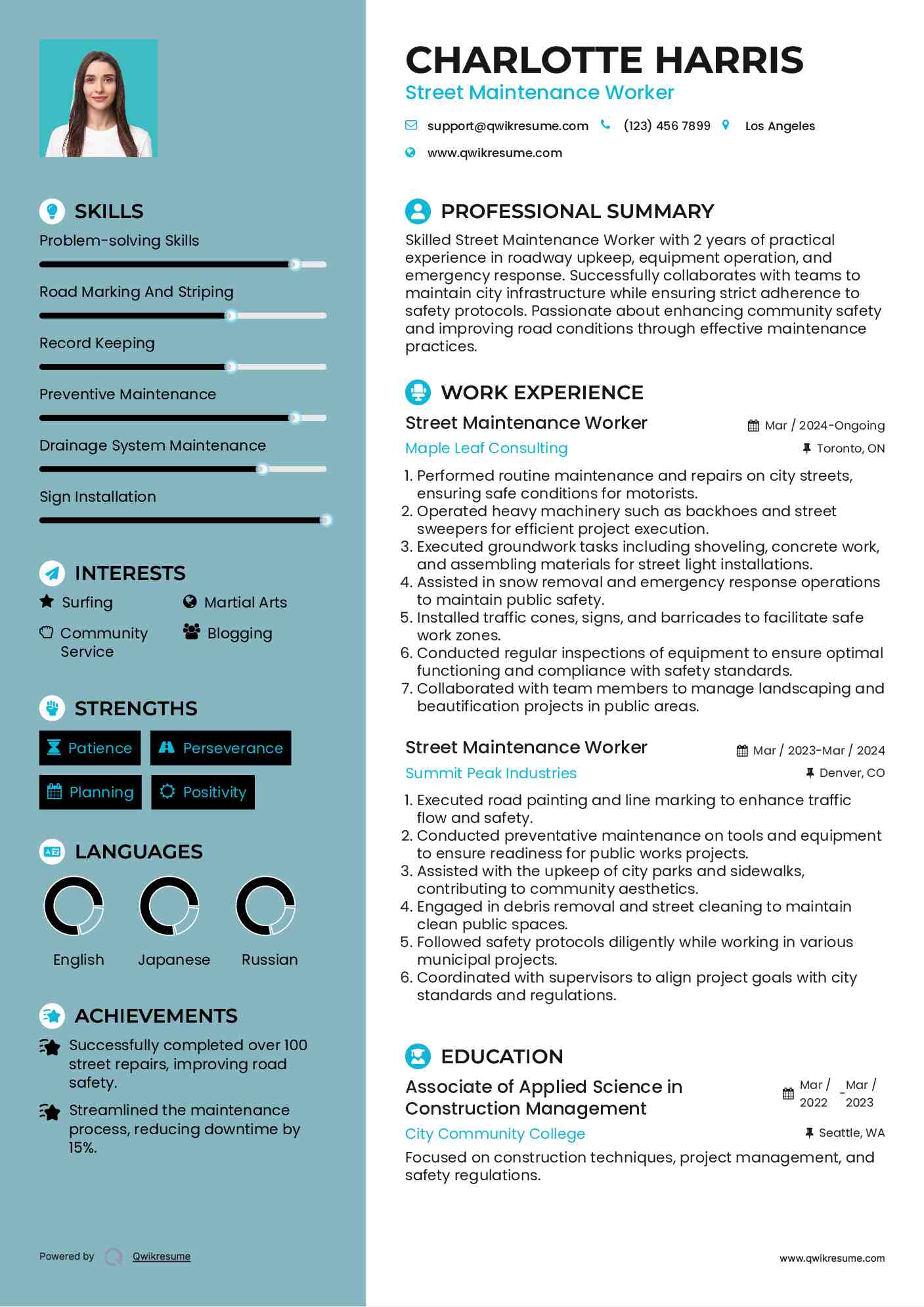 Street Maintenance Worker Resume Example