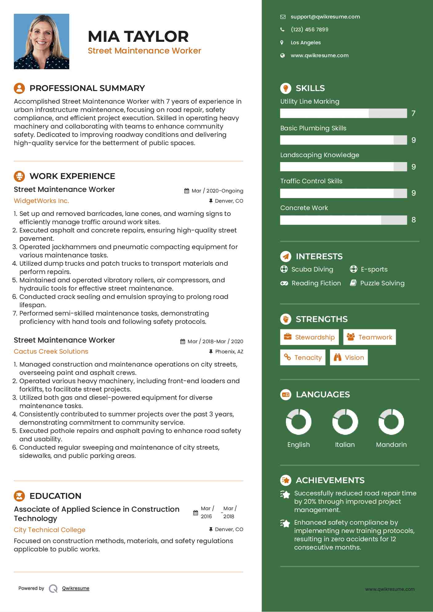 Street Maintenance Worker Resume Format