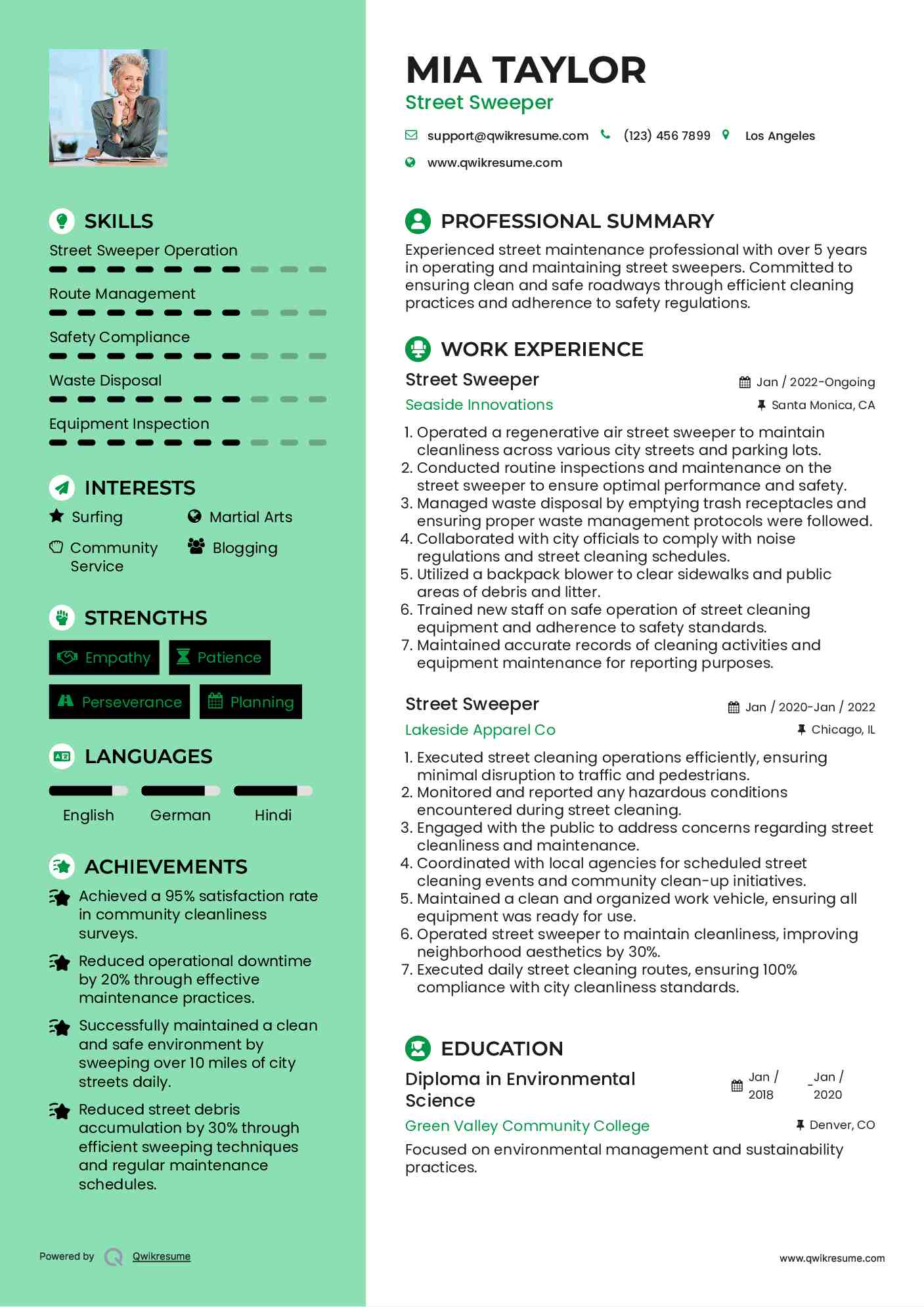 Street Sweeper Resume Sample
