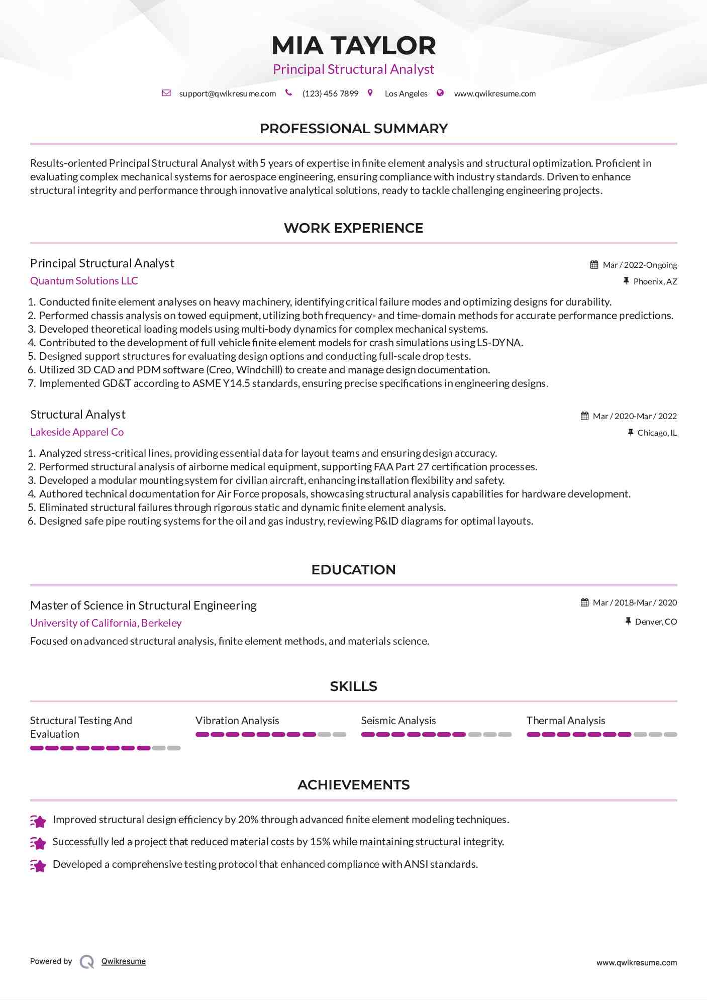 Principal Structural Analyst
 Resume Format