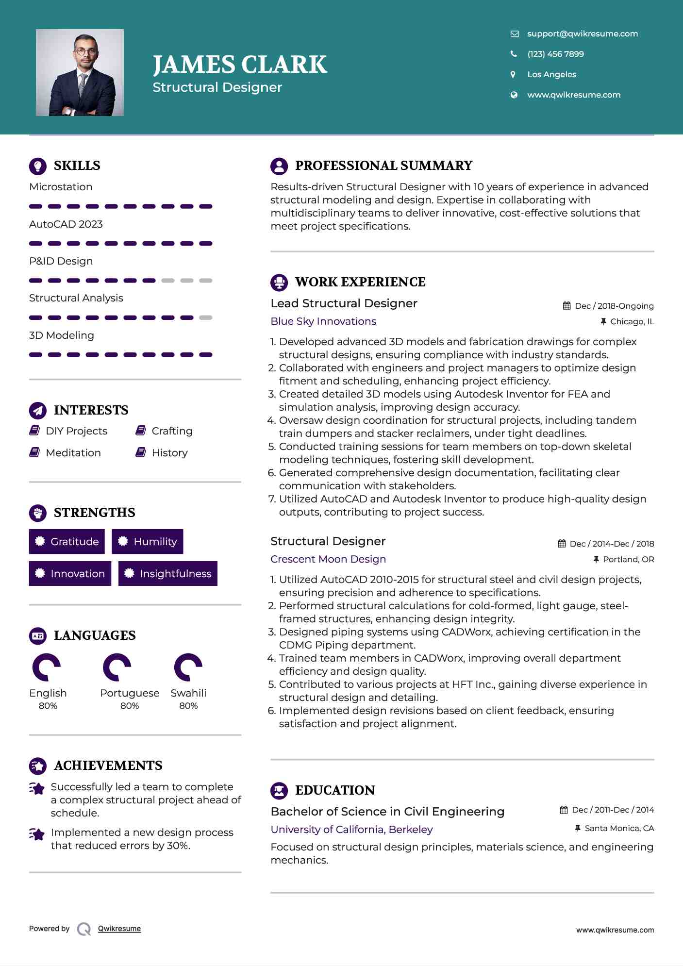 Lead Structural Designer Resume Example