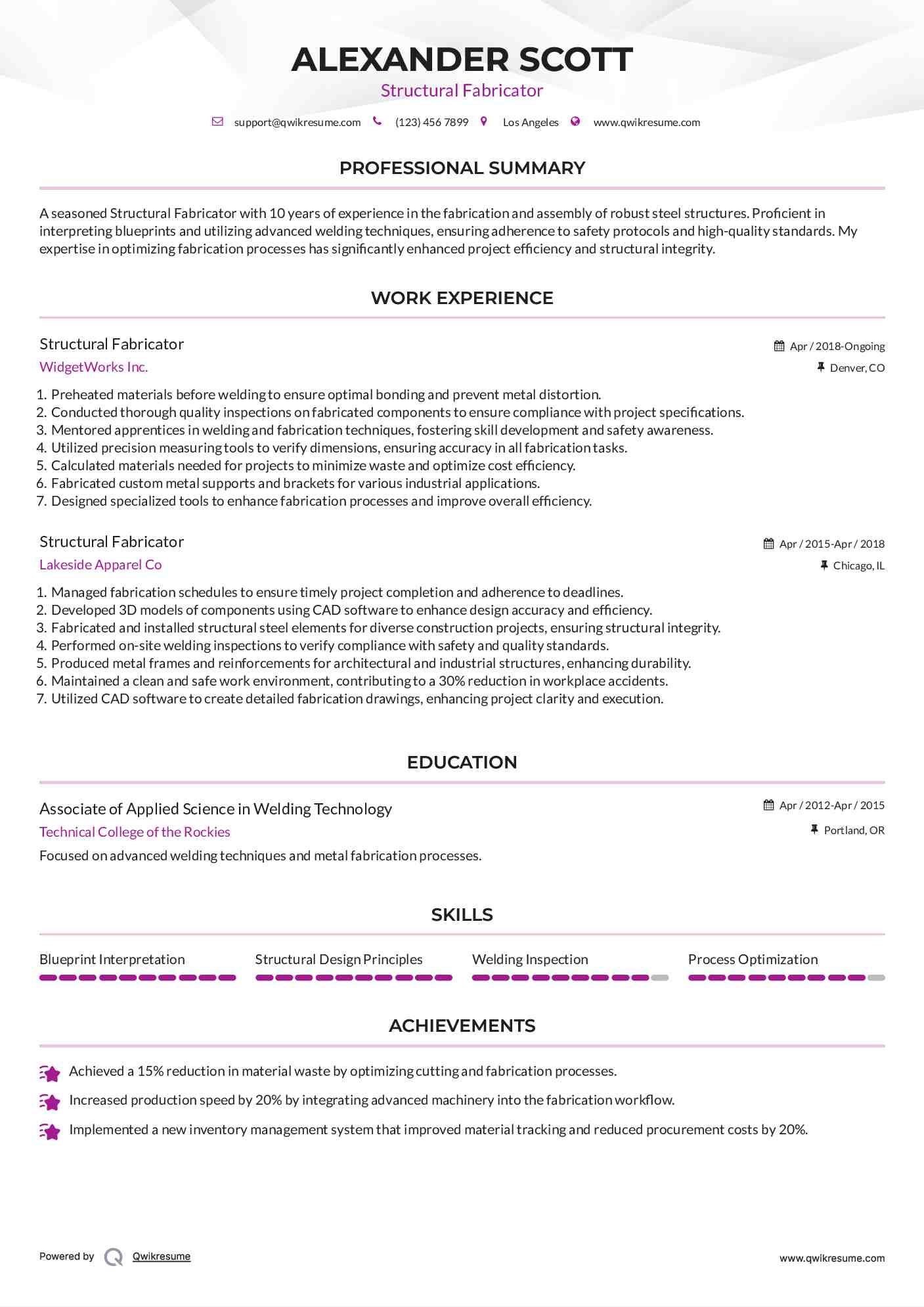 Structural Fabricator Resume Example