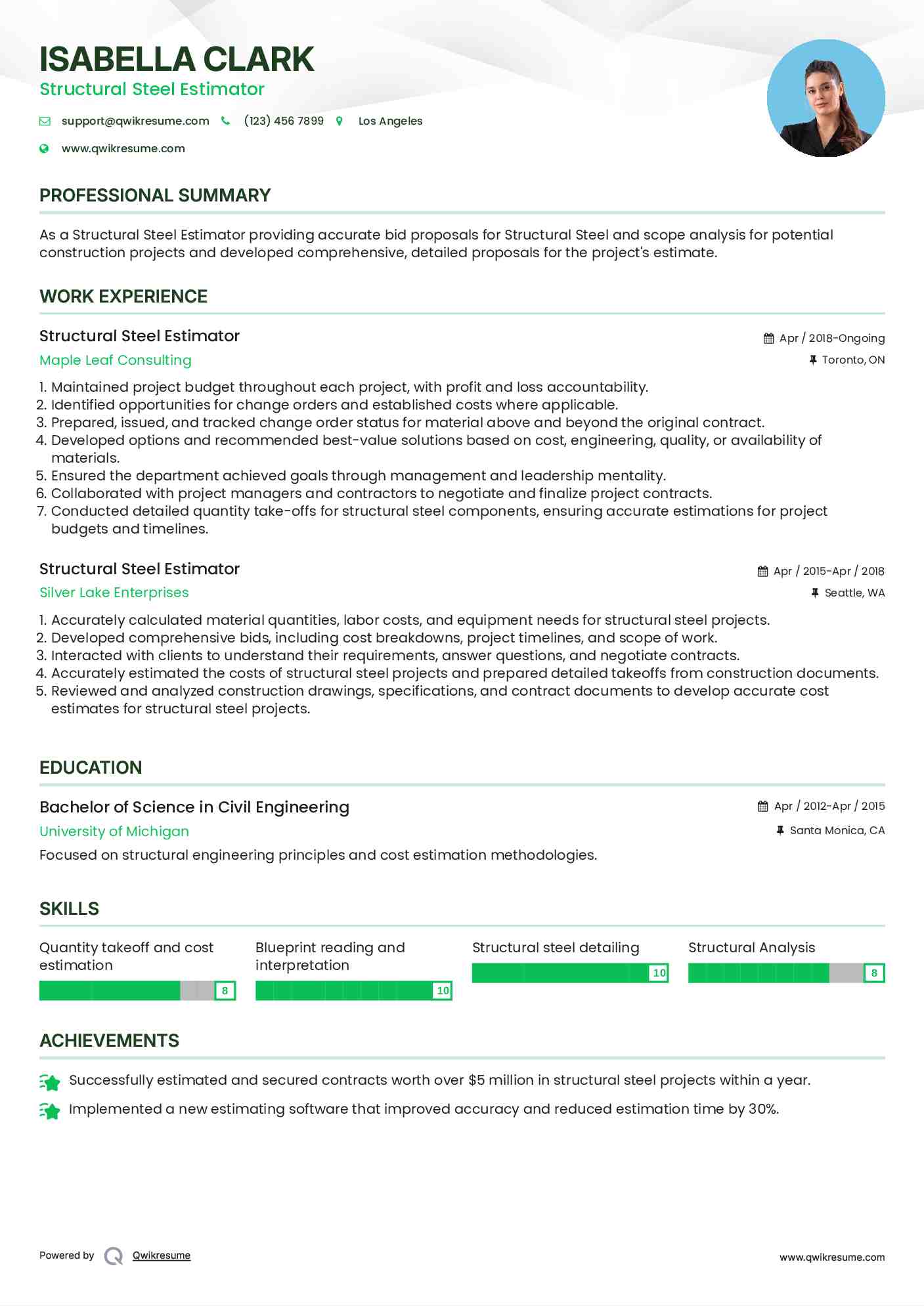 Structural Steel Estimator Resume Format