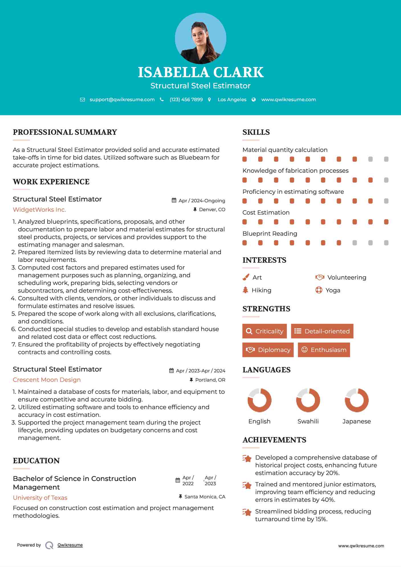 Structural Steel Estimator Resume Example