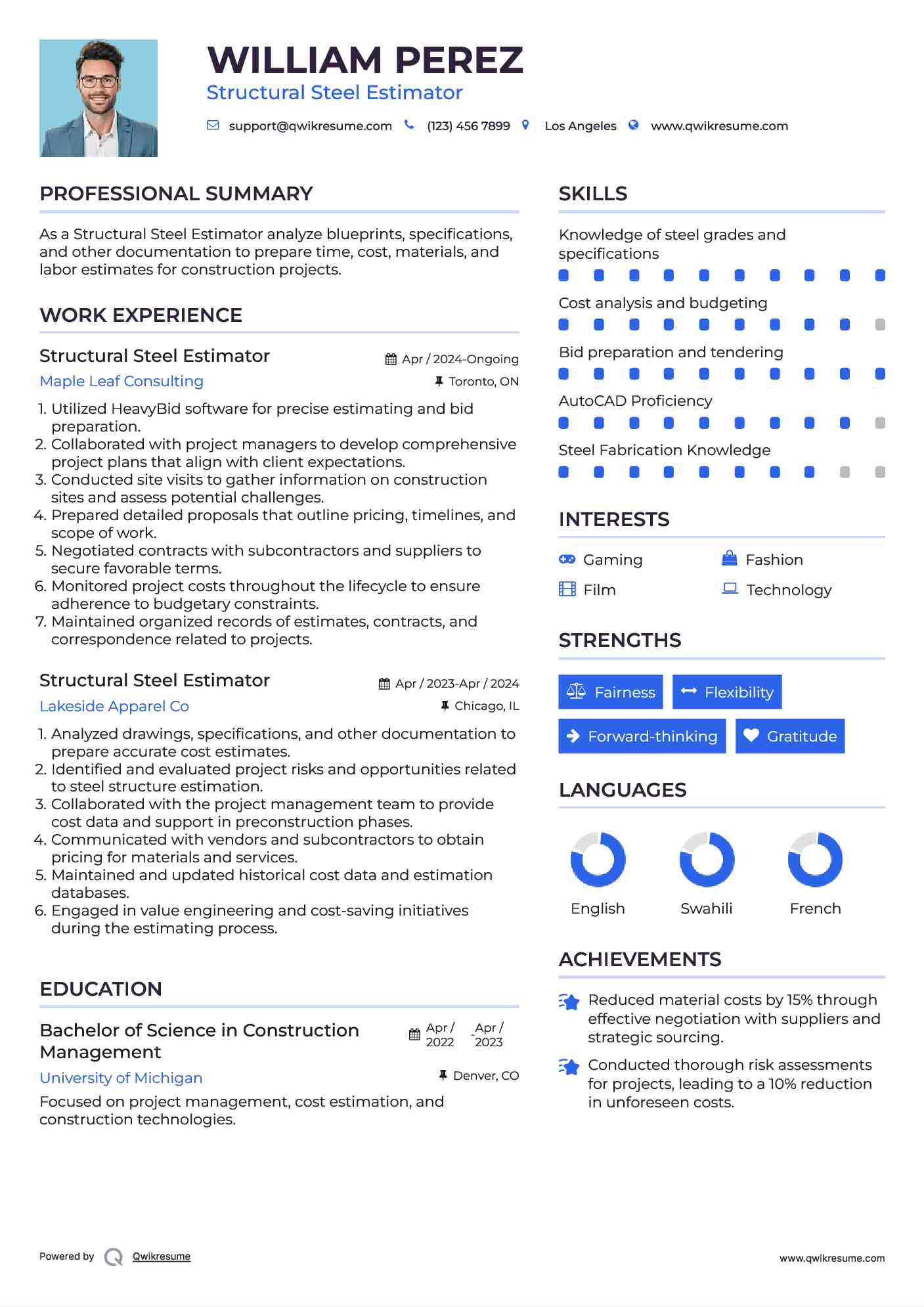 Structural Steel Estimator Resume Sample