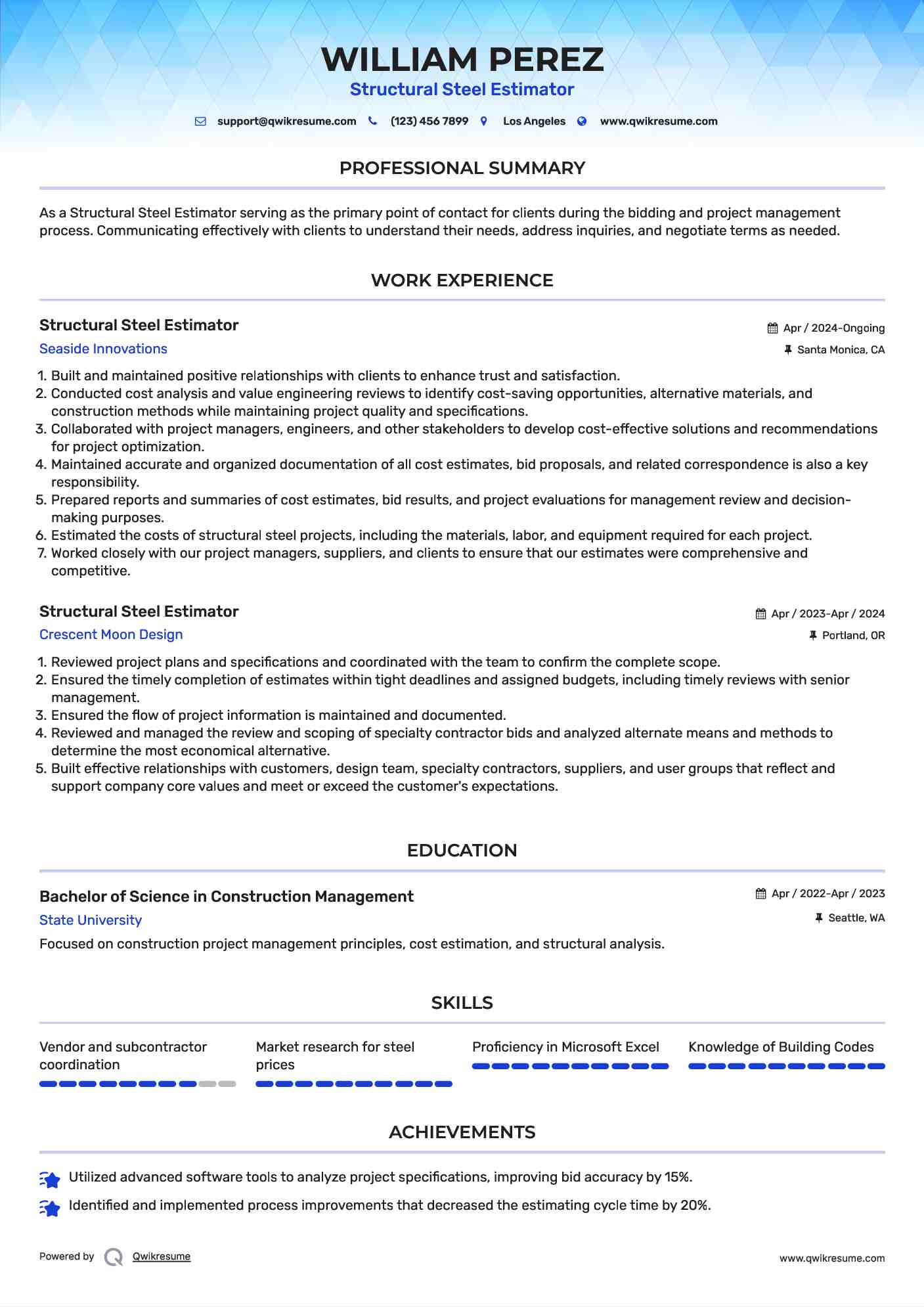 Structural Steel Estimator Resume Example