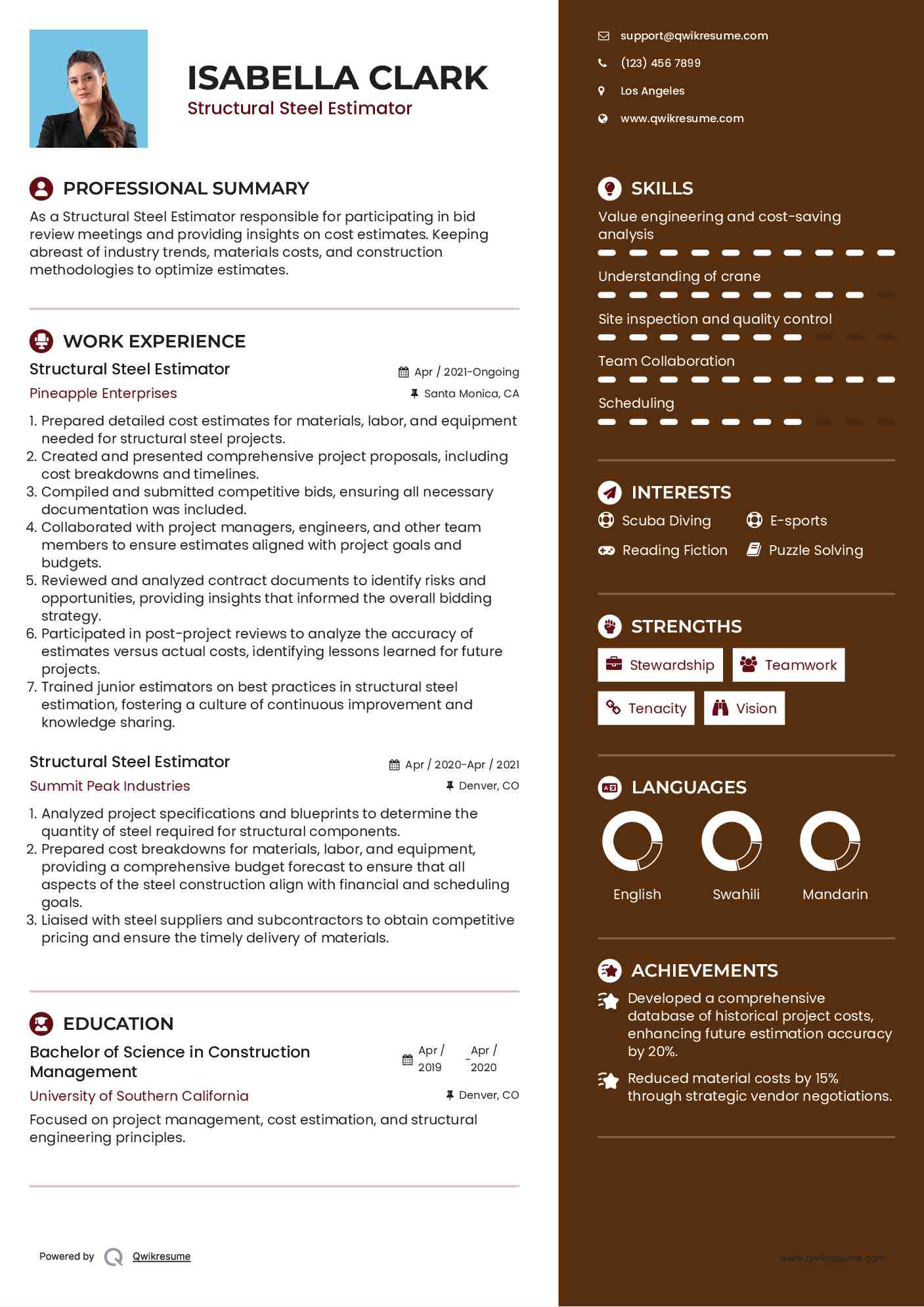 Structural Steel Estimator Resume Format