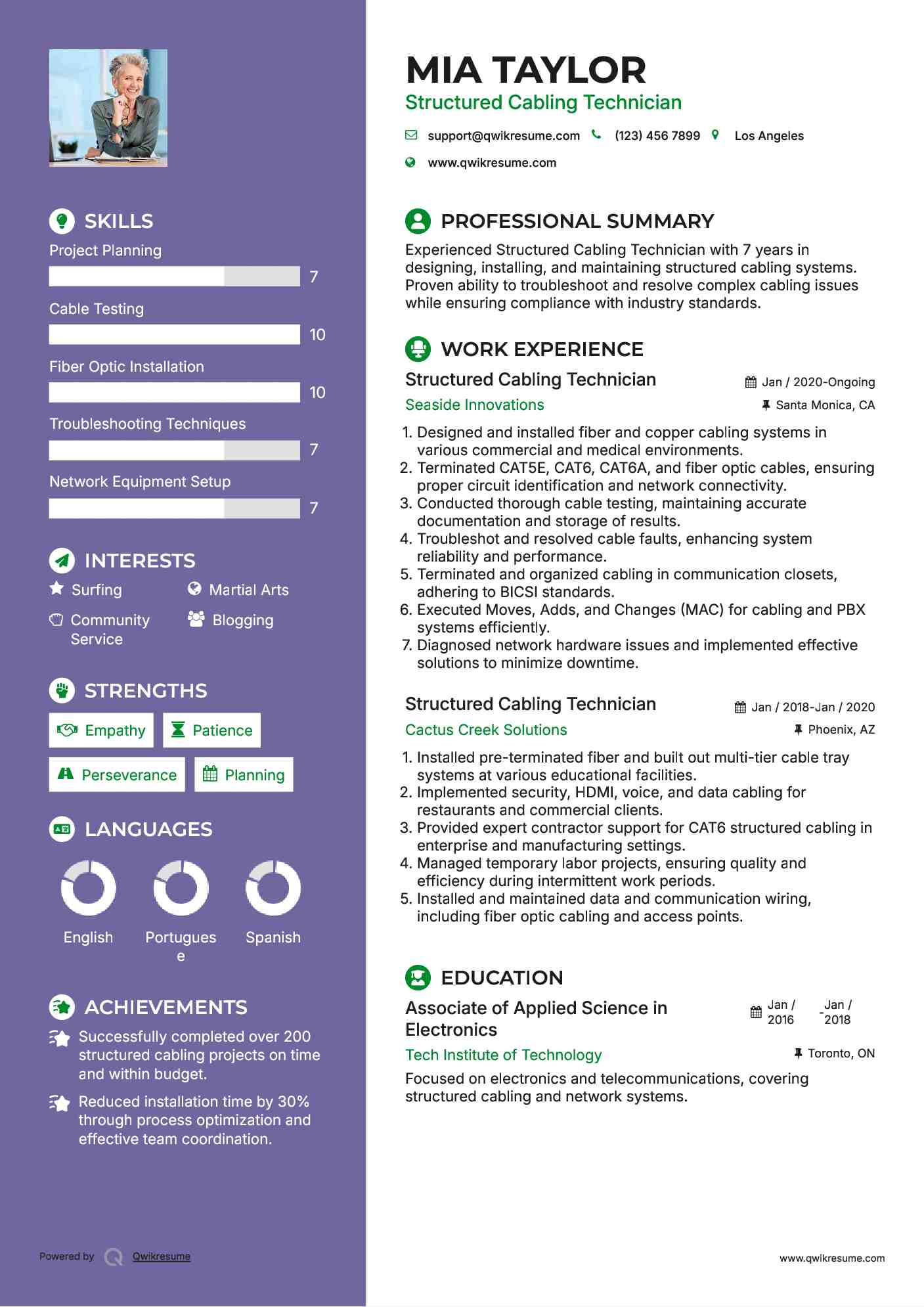 Structured Cabling Technician Resume Samples QwikResume