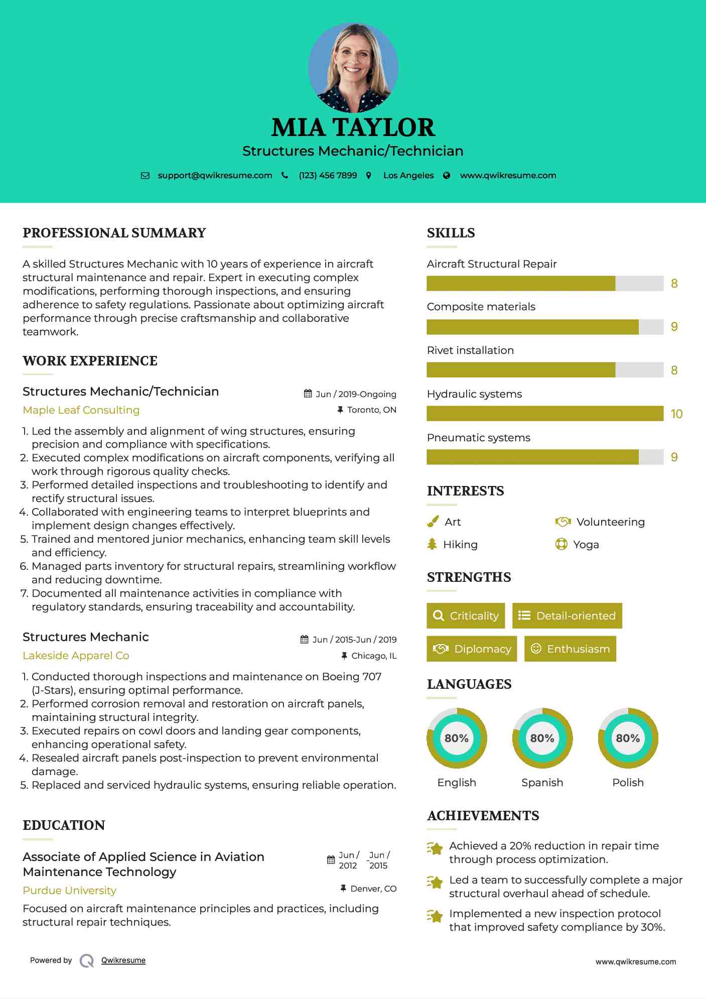 Structures Mechanic/Technician Resume Template