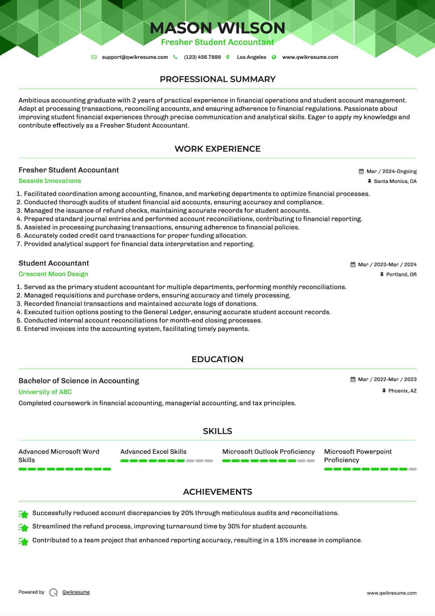 Fresher Student Accountant Resume Template
