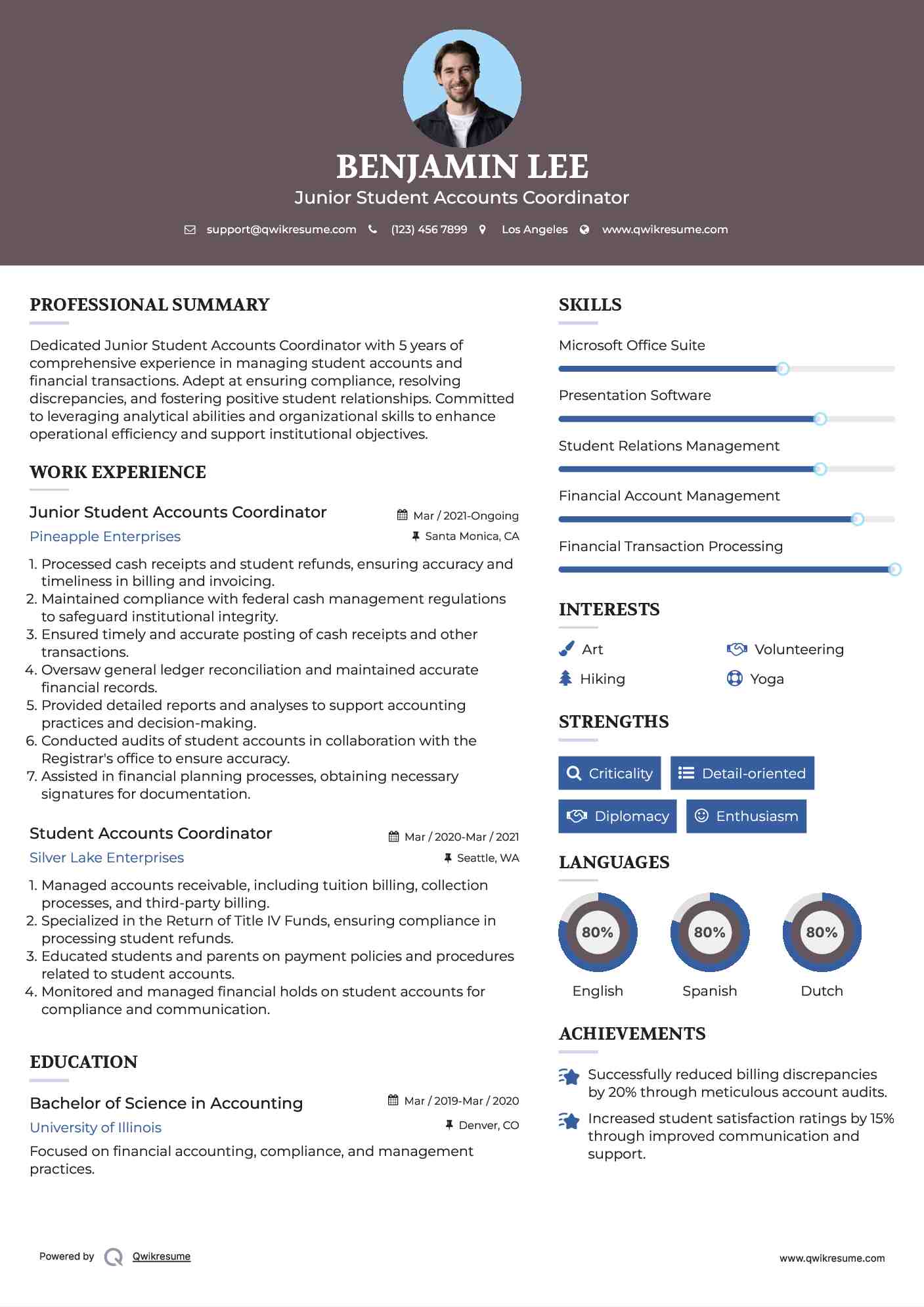 Junior Student Accounts Coordinator Resume Example