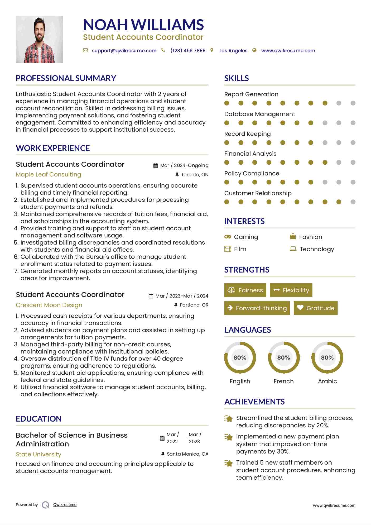 Student Accounts Coordinator Resume Example