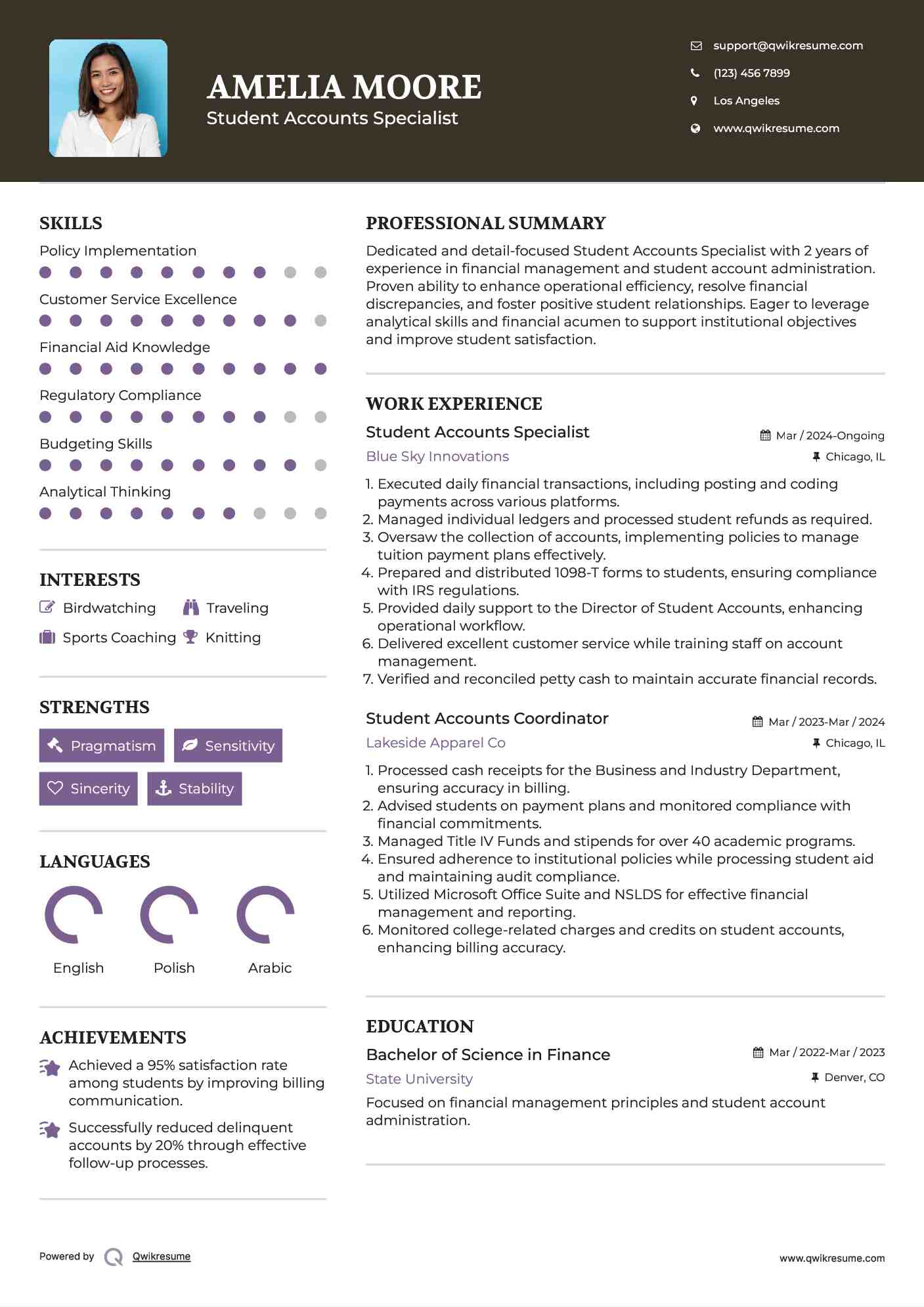 Student Accounts Specialist Resume Model